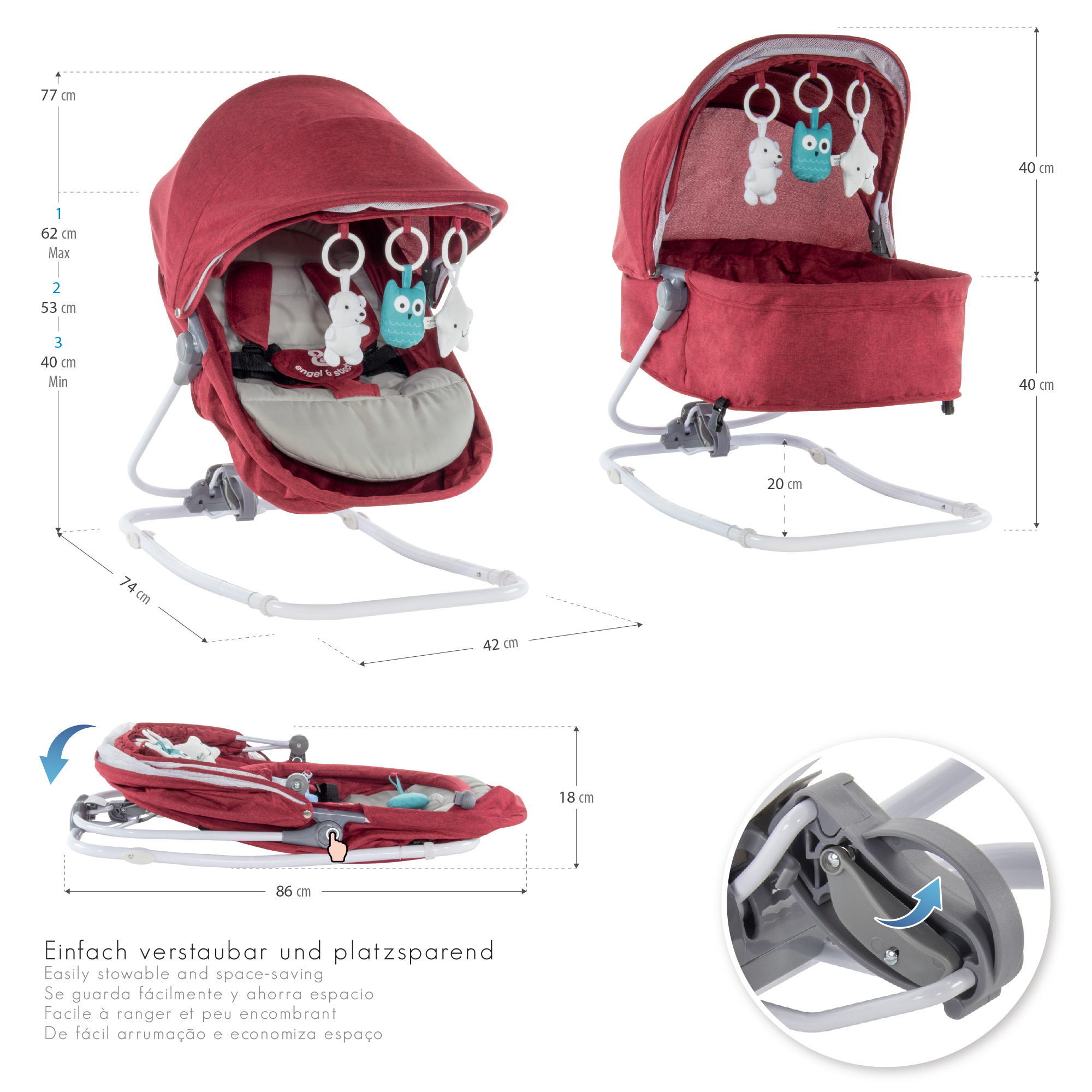 Babywippe PAVO mit Wiegenfunktion und Spielebogen Rot + Grau Babywippe PAVO mit Wiegenfunktion und Spielebogen Rot + Grau