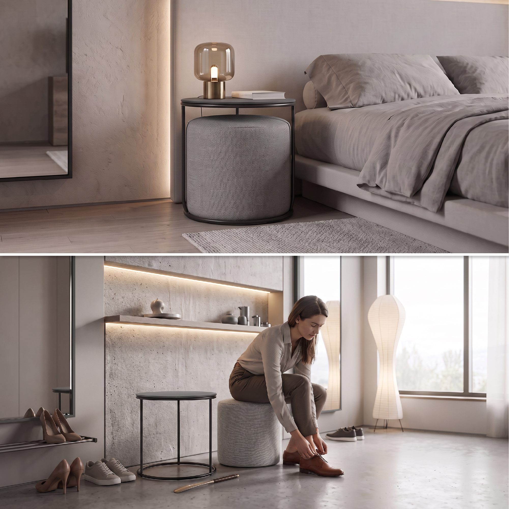 Side Table with Stool JASPER - Round Coffee Table 40x40 cm Black-Grey N7