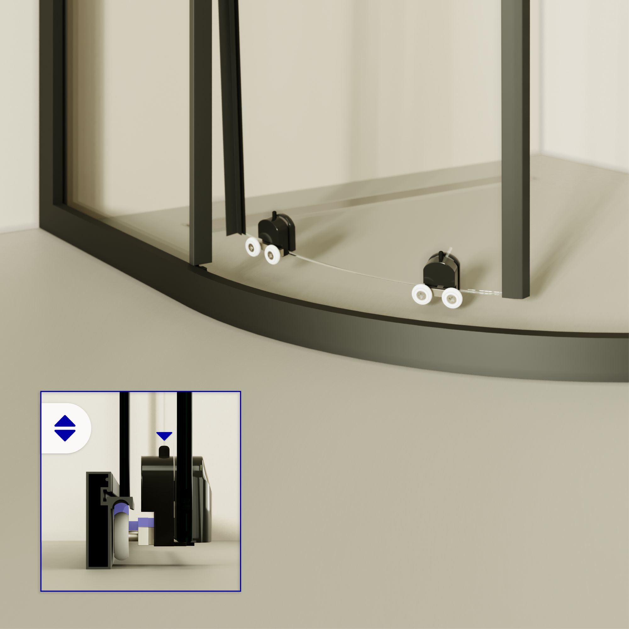 Viertelkreisdusche Ella mit Schiebetüren aus gestreiftem ESG Glas mit schwarzen Aluminium Profile