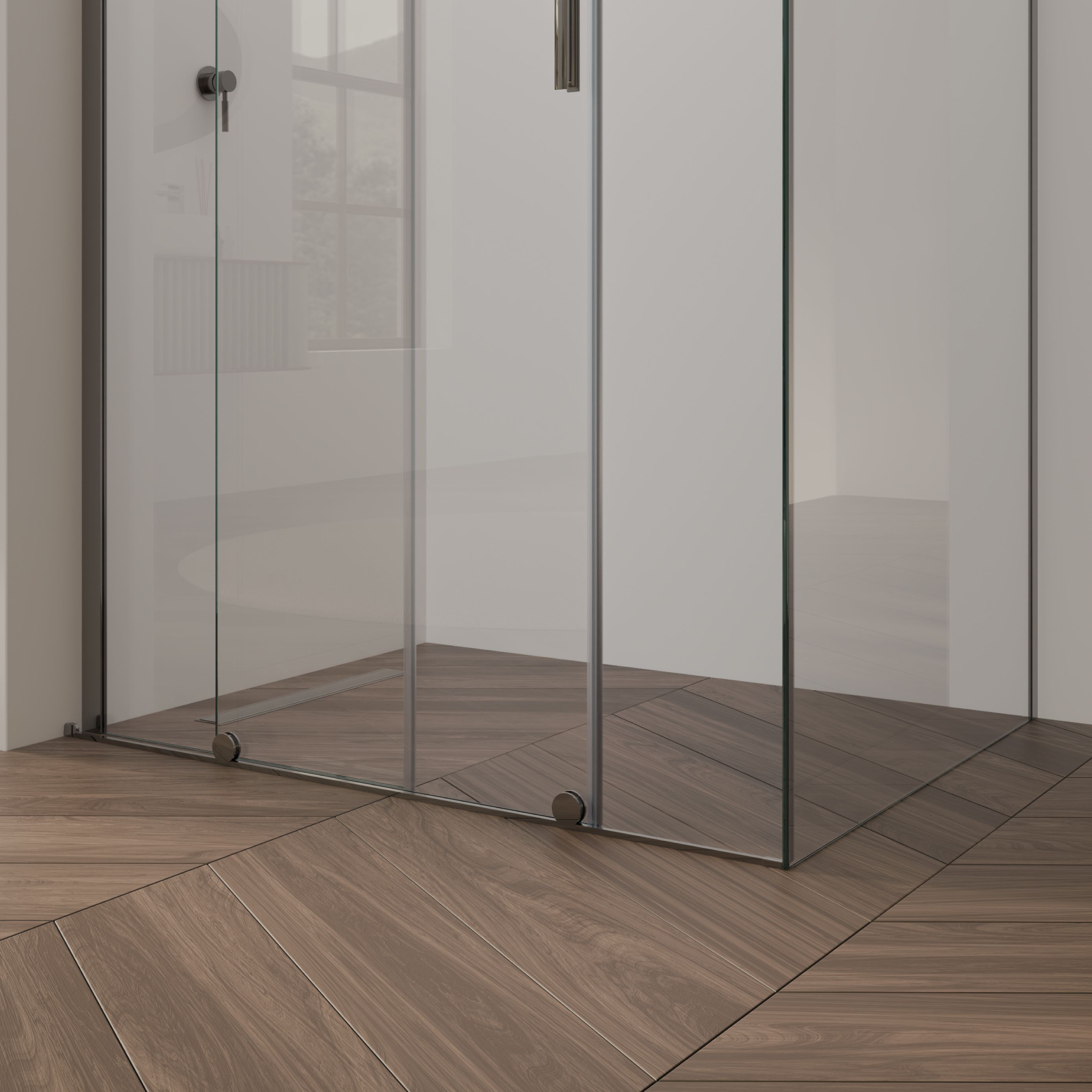 Front-entry NADINE with sliding door in chrome made of 8mm tempered clear glass.