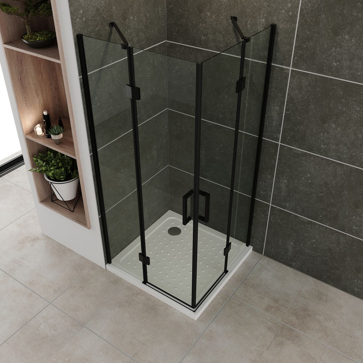 Eckeinstieg Celine mit Klapptüren und schwarzen Profilen aus ESG Sicherheitsglas Eckeinstieg Celine mit Klapptüren und schwarzen Profilen aus ESG Sicherheitsglas