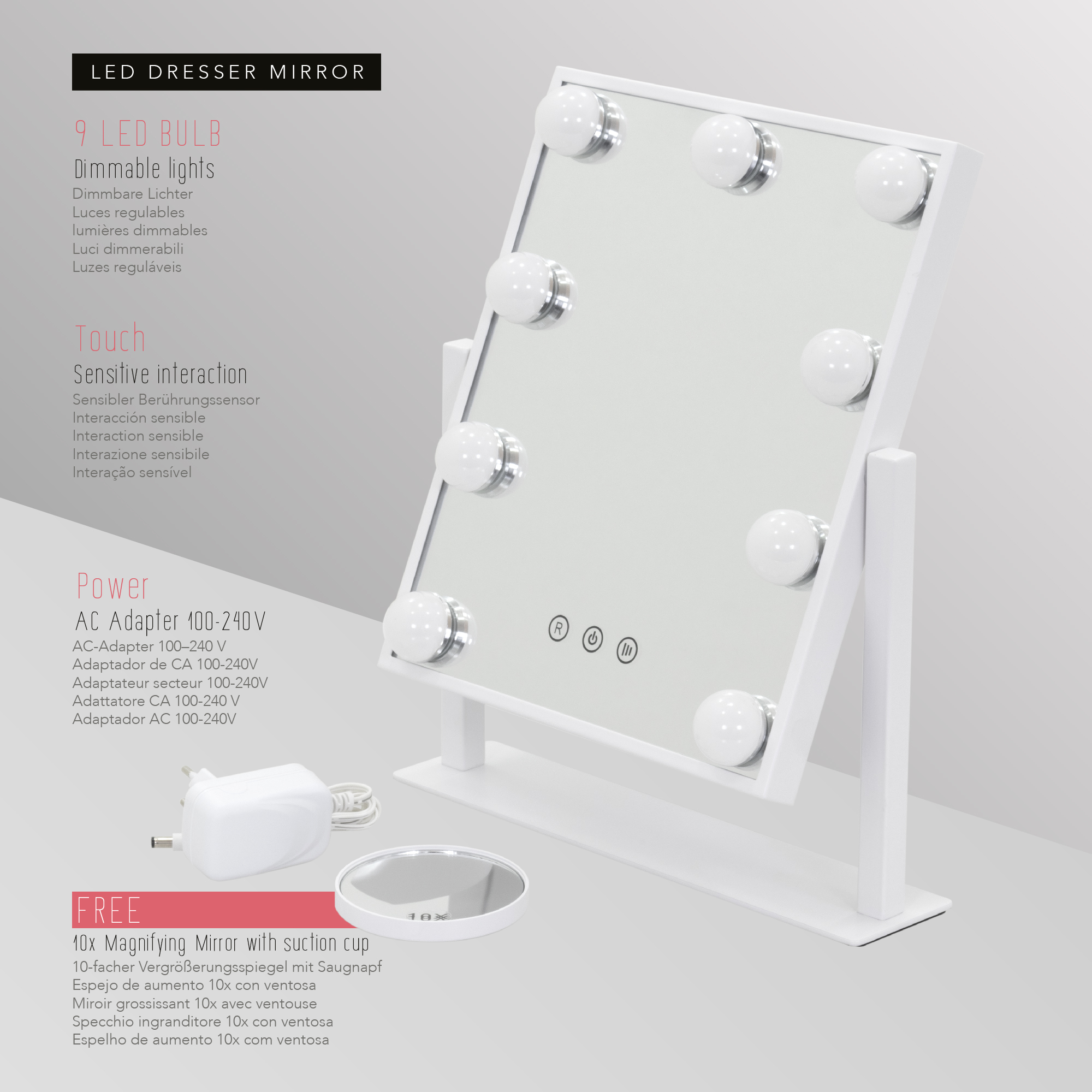 Schminkspiegel Bulb TINY mit 9 dimmbaren LED-Lampen Weiß