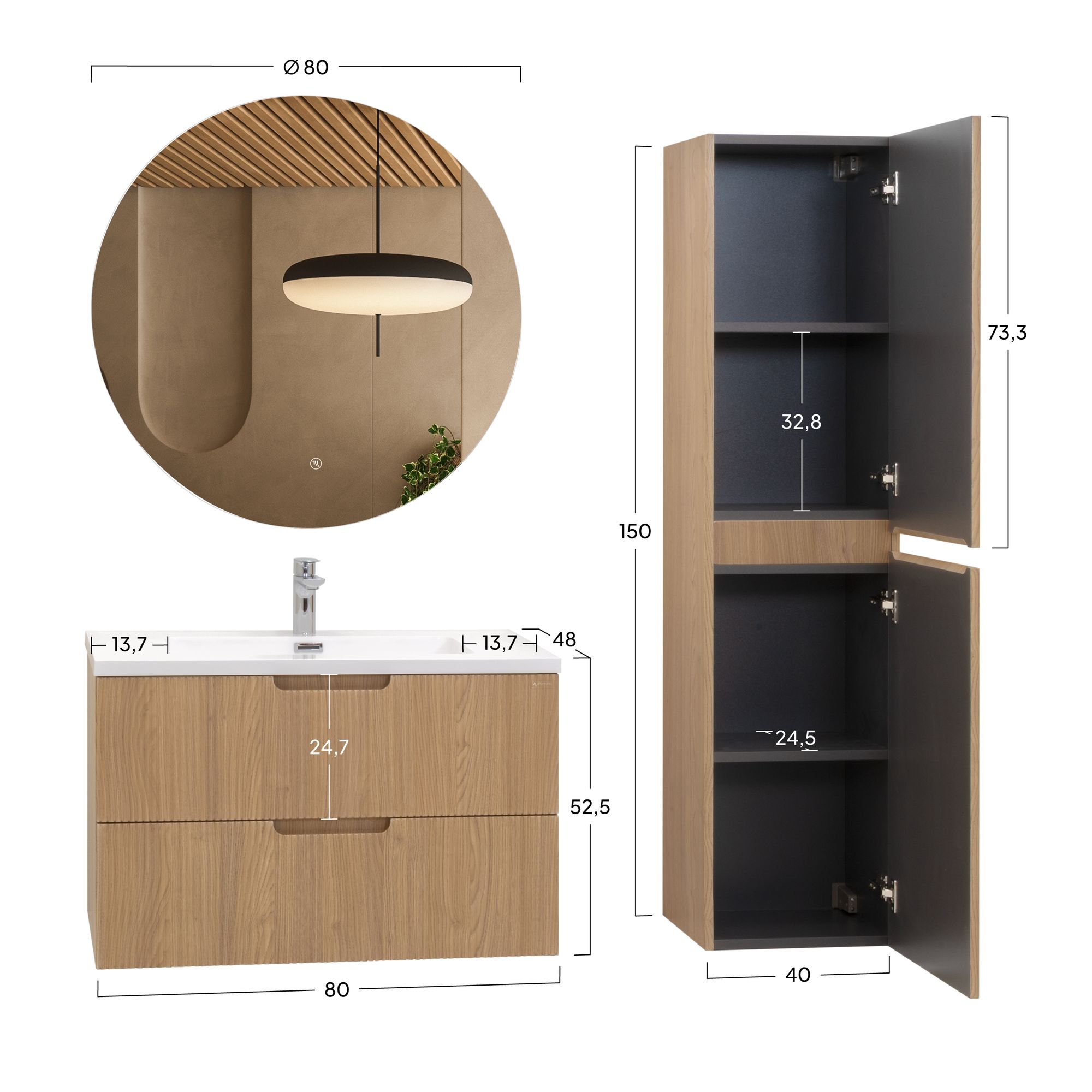 Modular – Badmöbelset Tália – Weißer Resin-Waschtisch, Wandhängender Schrank in Eichenfarbe, Rundspiegel & Seitenmodul (60/80/100 cm)