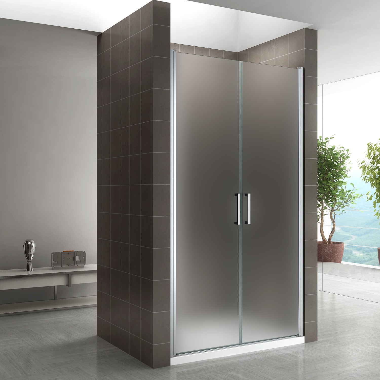 Duschtür Lara mit Pendeltüren und Edelstahlgriffe 68-140 cm aus satiniertem ESG Sicherheitsglas Duschtür Lara mit Pendeltüren und Edelstahlgriffe 68-140 cm aus satiniertem ESG Sicherheitsglas