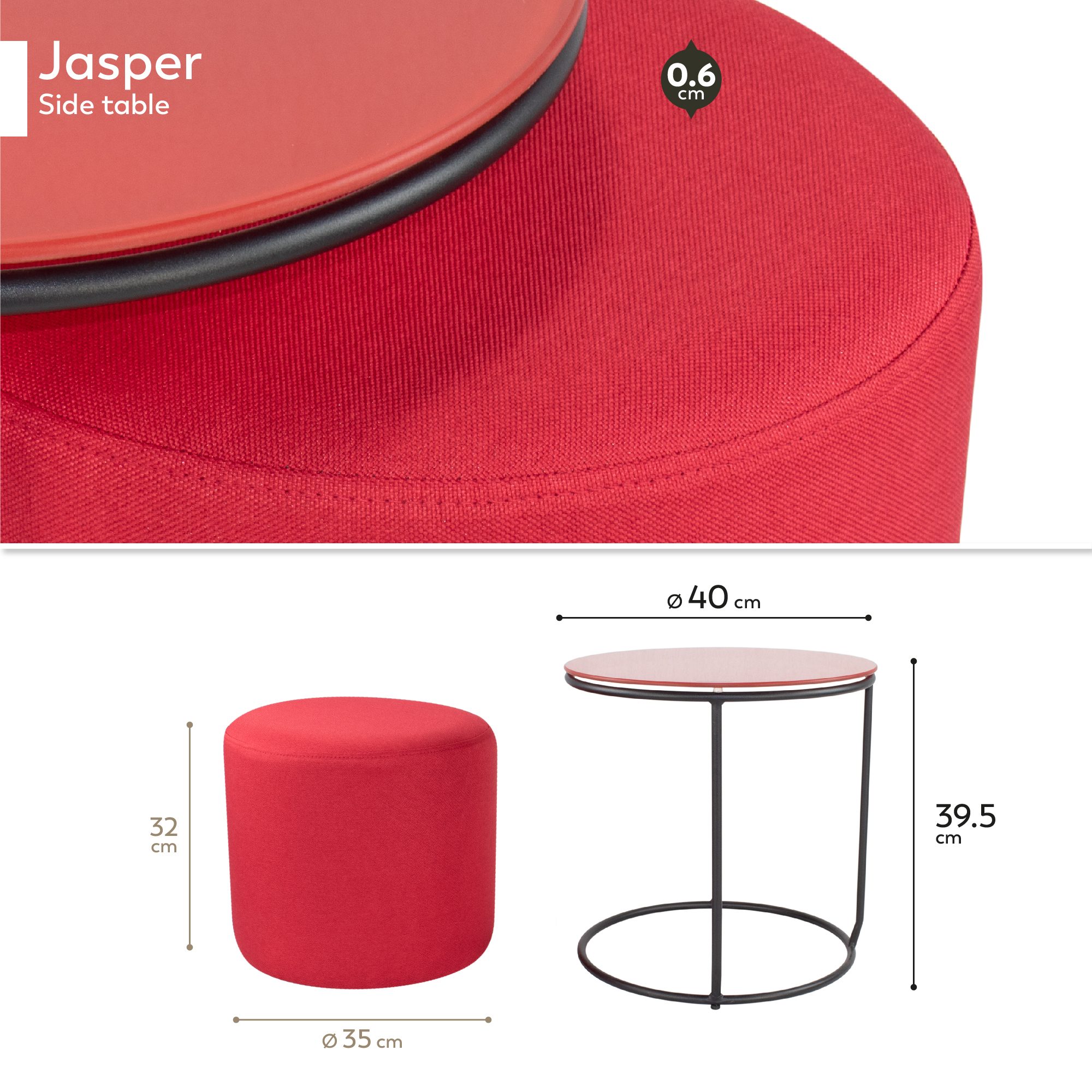 Side Table with Stool JASPER - Round Coffee Table 40x40 cm Black-Red N6