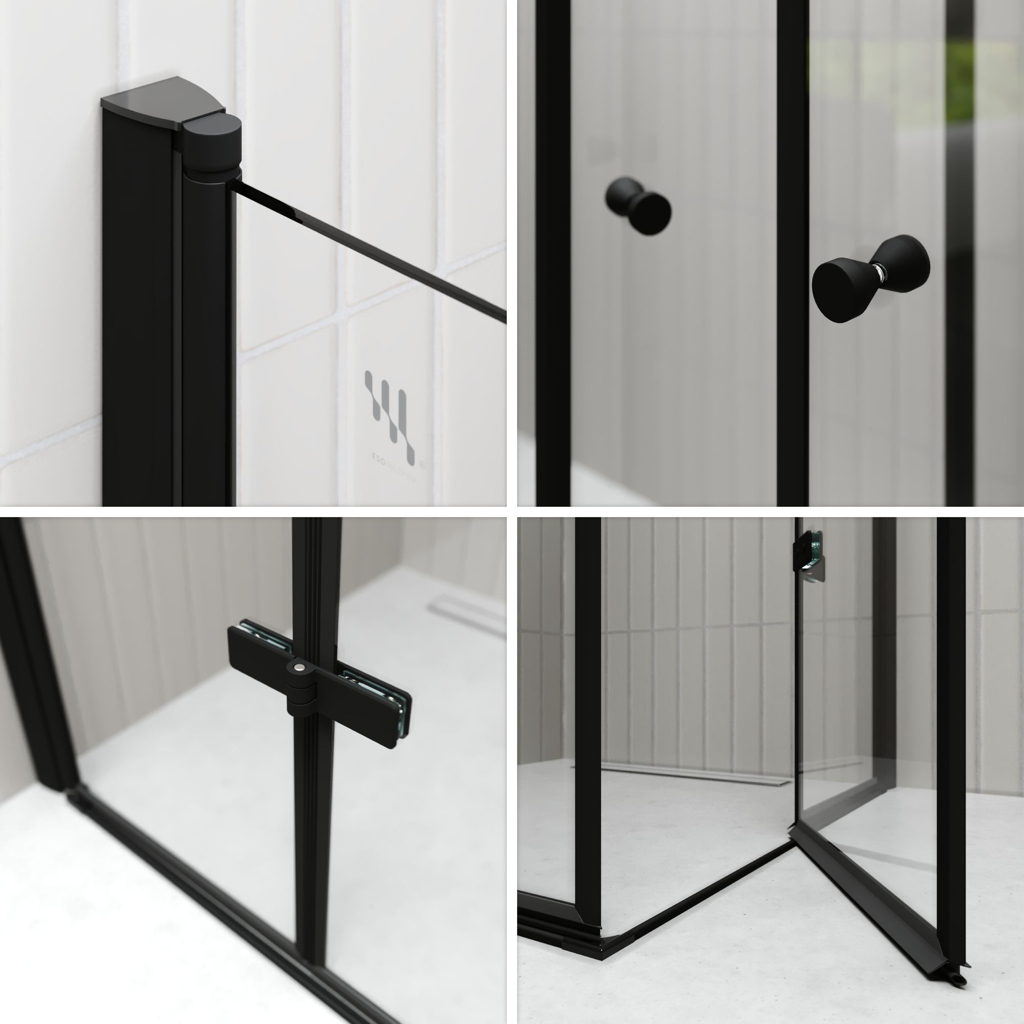 Eckeinstieg Emma BLACK mit Falttüren aus ESG Sicherheitsglas Emma – Corner Entry BLACK with Folding Doors made of ESG Safety Glass