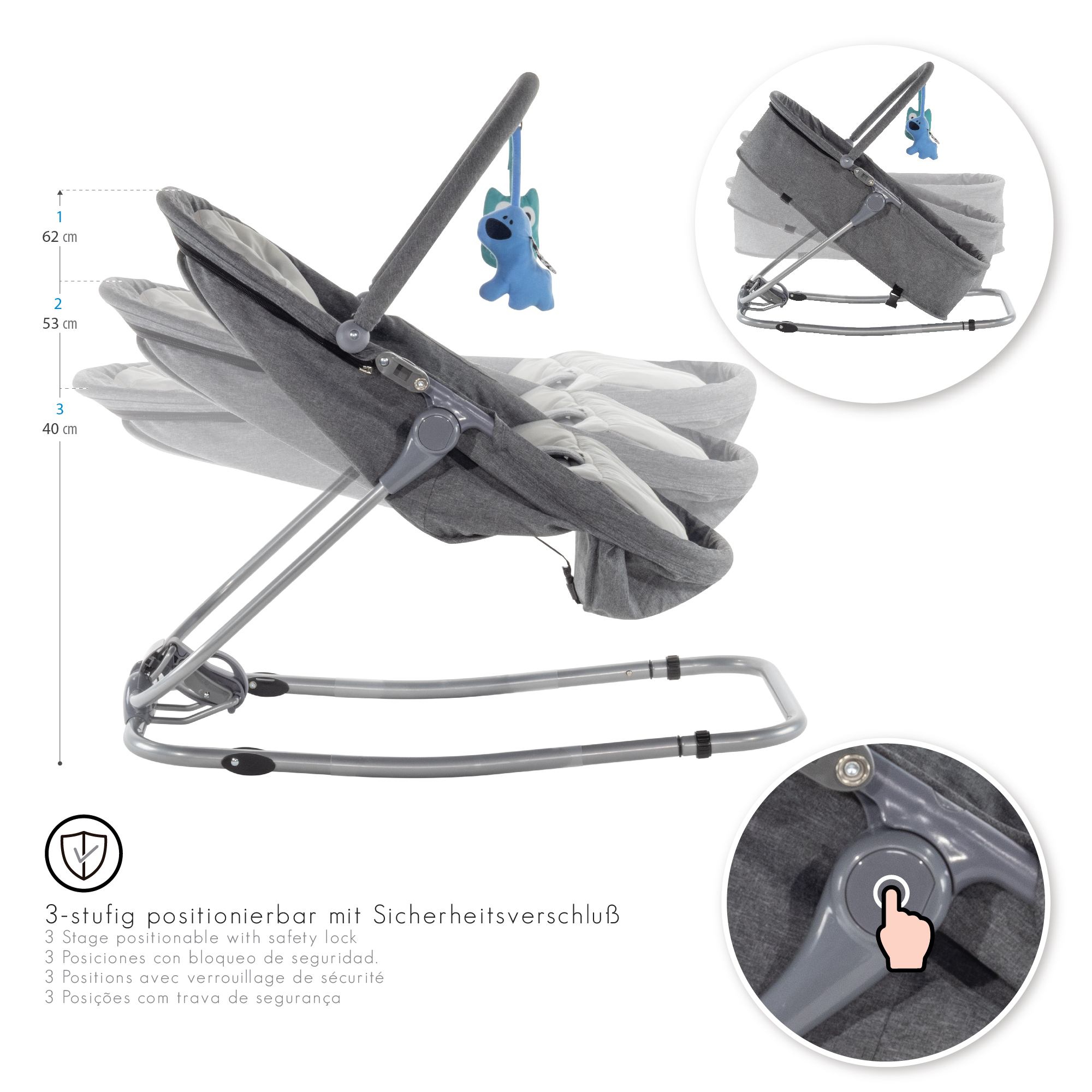 Babywippe PAVO mit Wiegenfunktion und Spielebogen Grau + Grau Babywippe PAVO mit Wiegenfunktion und Spielebogen Grau + Grau