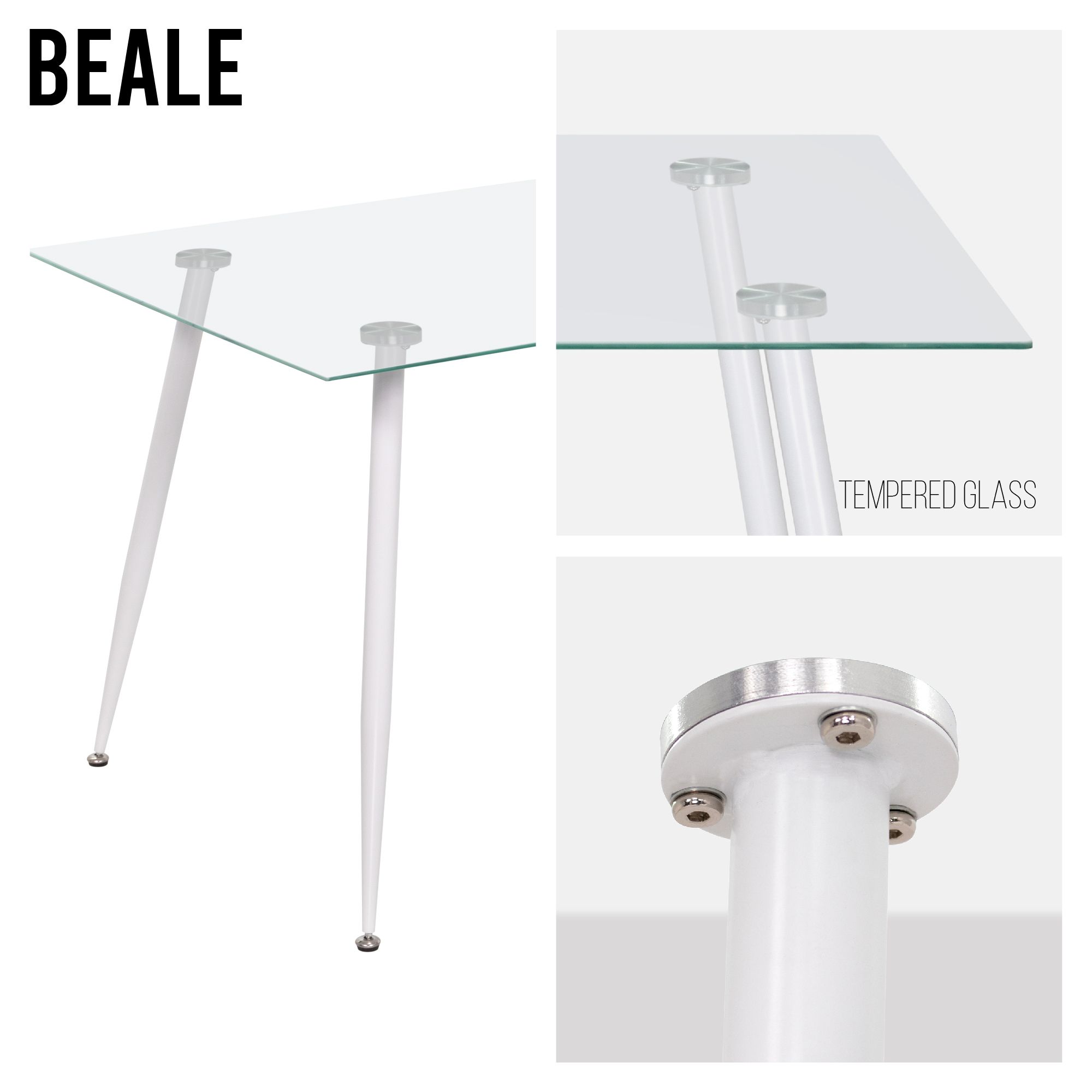 Esszimmer-Tisch BEALE | Tischplatte: Transparentes Glas | Beine: Weiß Esszimmer-Tisch BEALE | Tischplatte: Transparentes Glas | Beine: Weiß 160 cm
