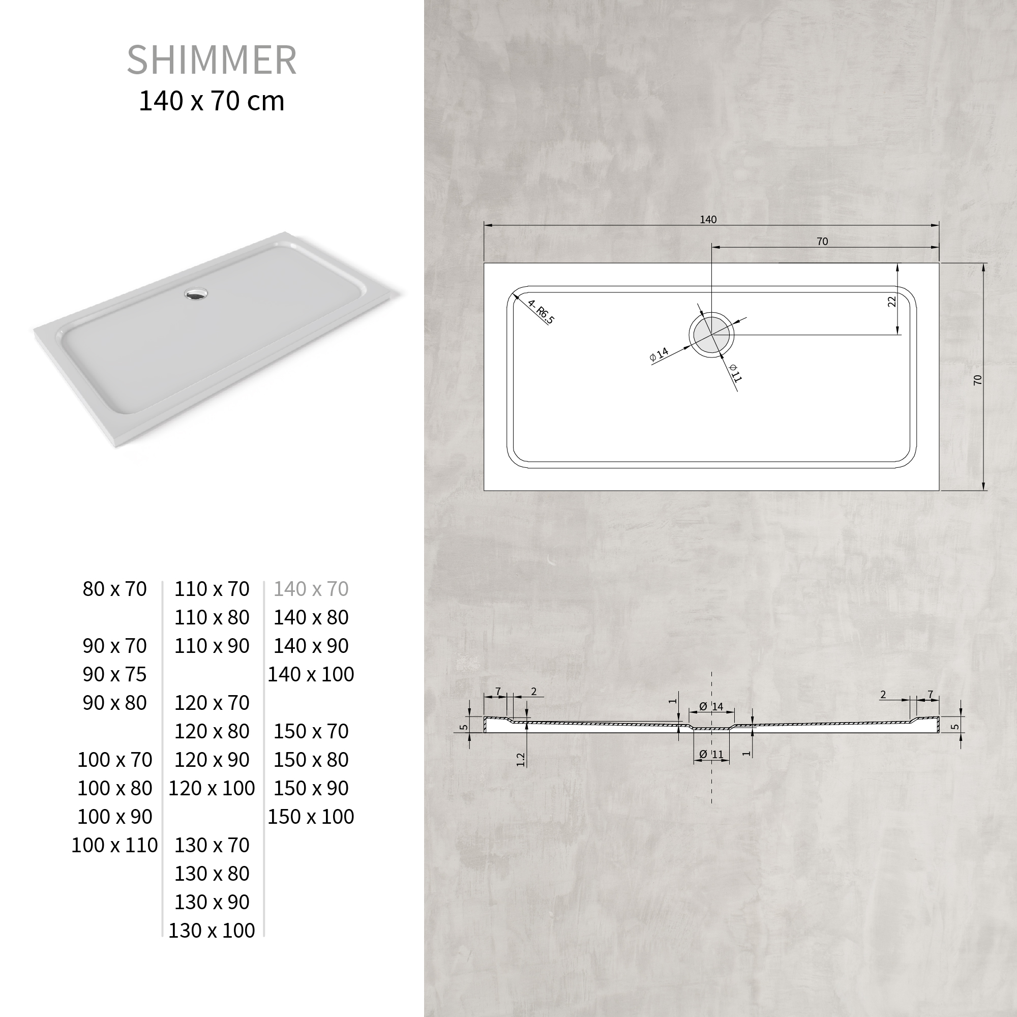 Shimmer-Wide-140x70.jpg Duschwanne Shimmer aus Sanitäracryl inkl. Ablaufgarnitur - Weiß