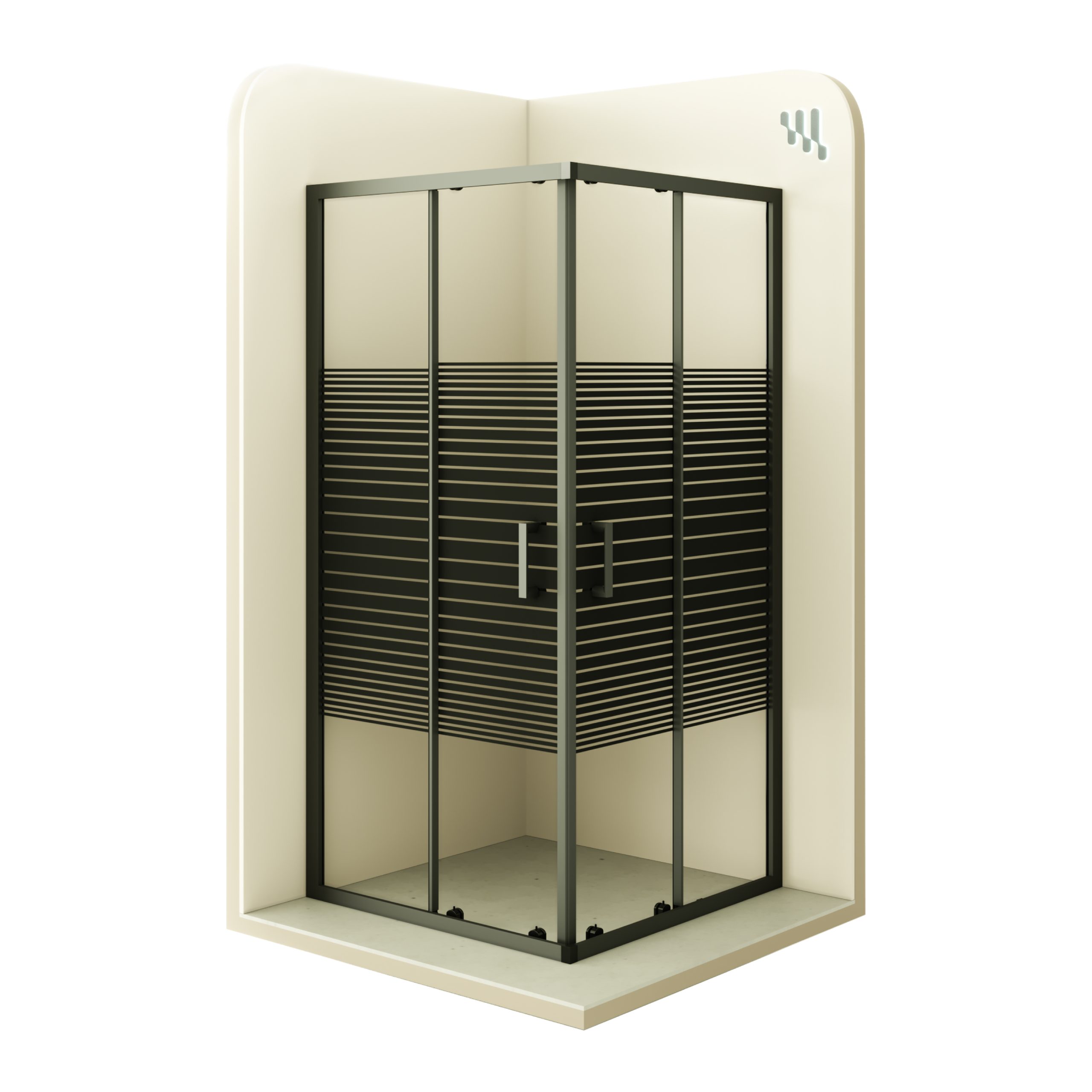 Corner entry Danielle with sliding doors made of black striped ESG safety glass.