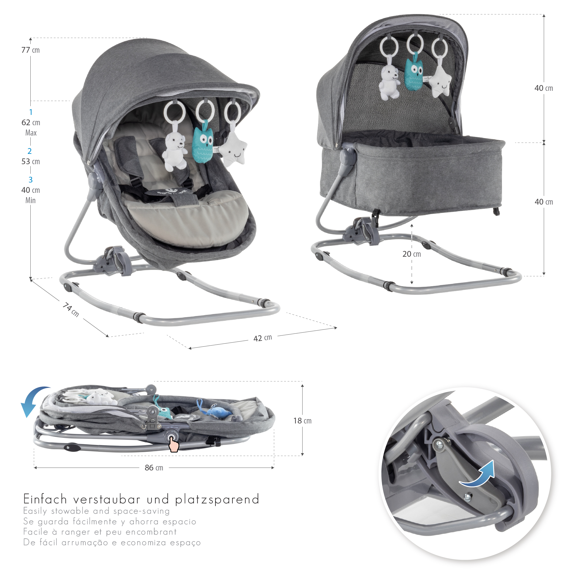 Babywippe PAVO mit Wiegenfunktion und Spielebogen Grau + Grau Babywippe PAVO mit Wiegenfunktion und Spielebogen Grau + Grau