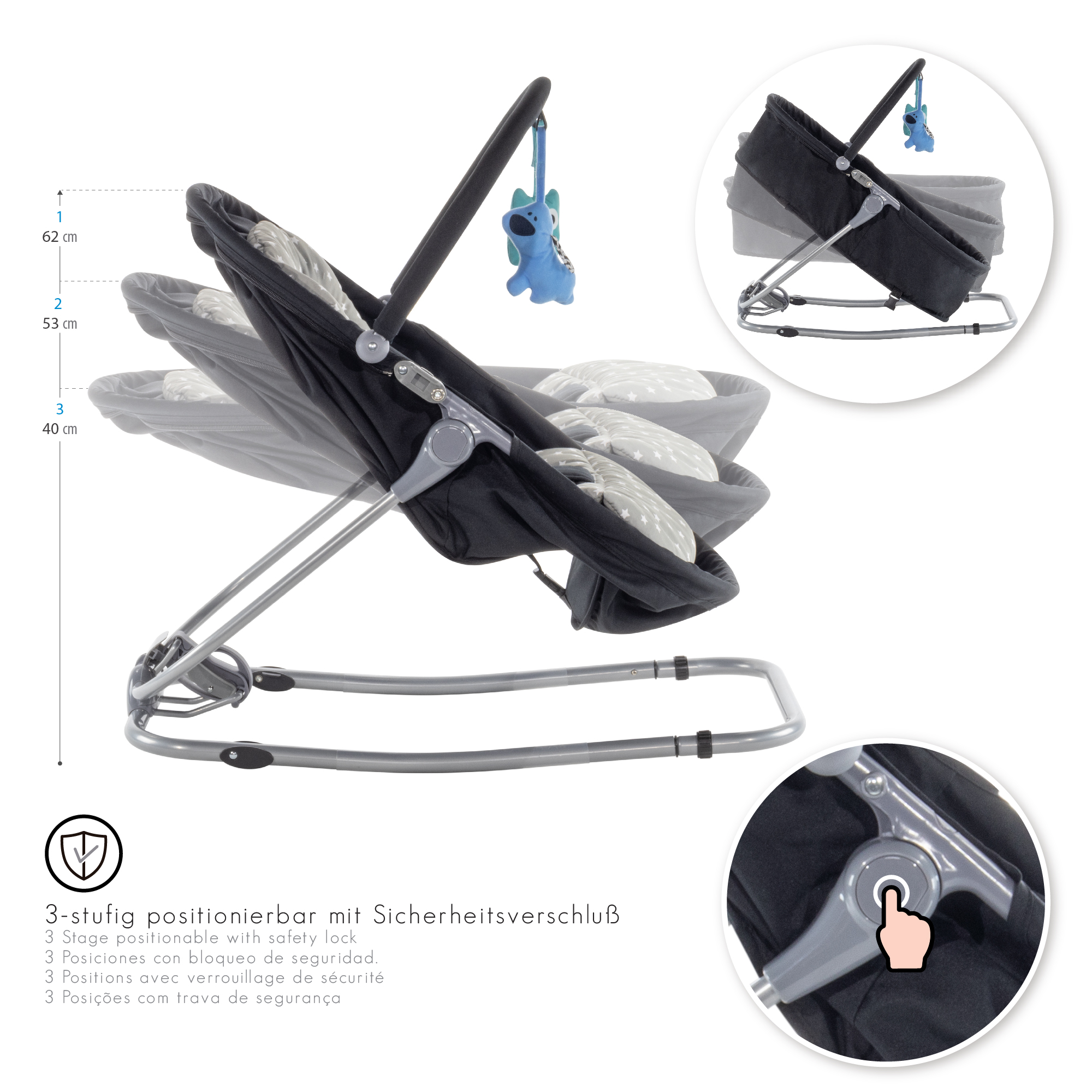 Babywippe PAVO mit Wiegenfunktion und Spielebogen Schwarz + Grau weiße Sterne