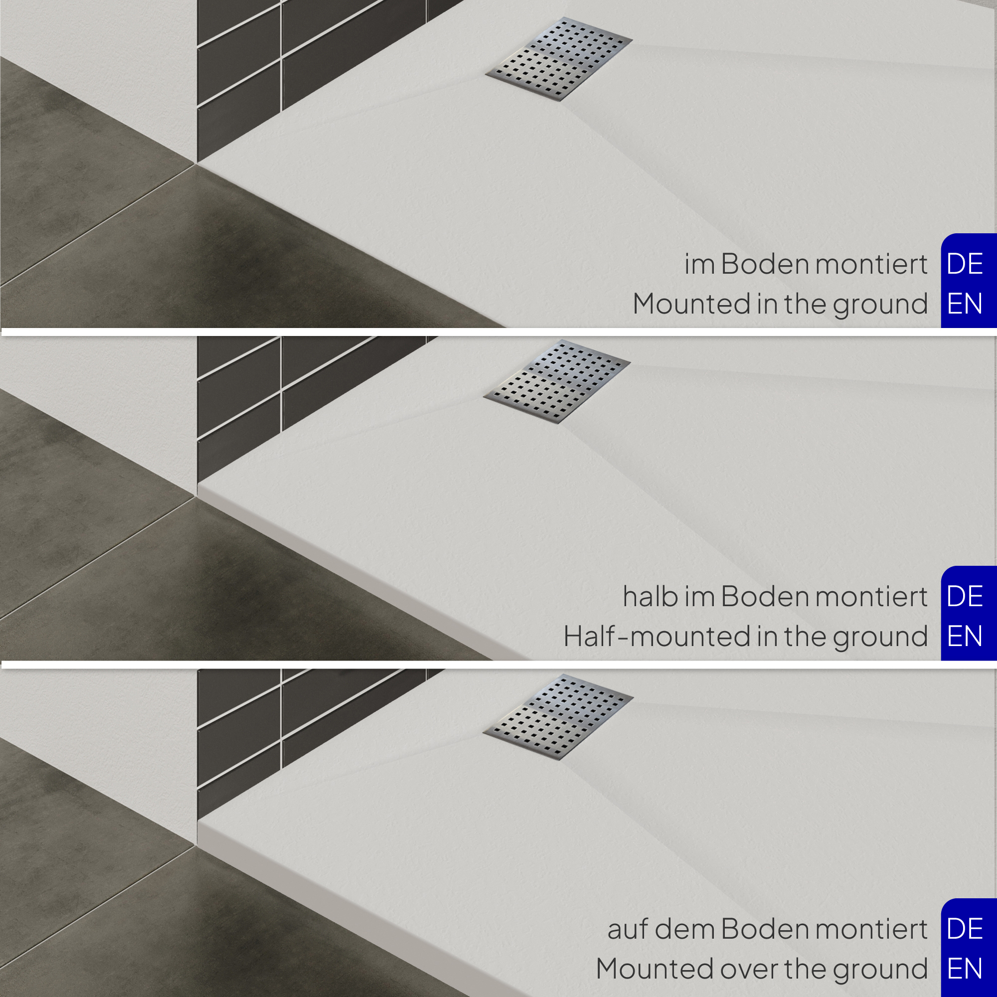 07-Install-White-DE-EN.jpg SMC Shower Tray Boreal in Stone Look with Drain Assembly - Grey