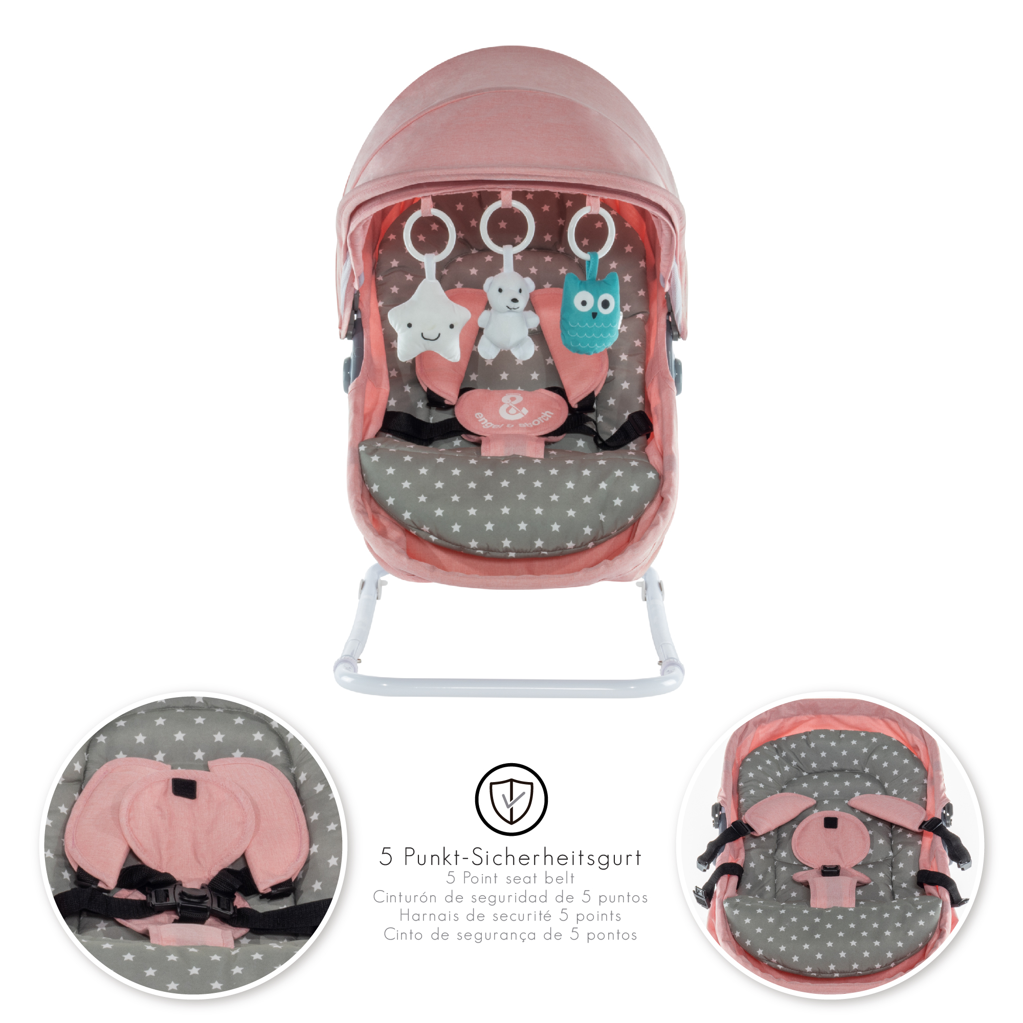 Babywippe PAVO mit Wiegenfunktion und Spielebogen Rosa + Grau weiße Sterne