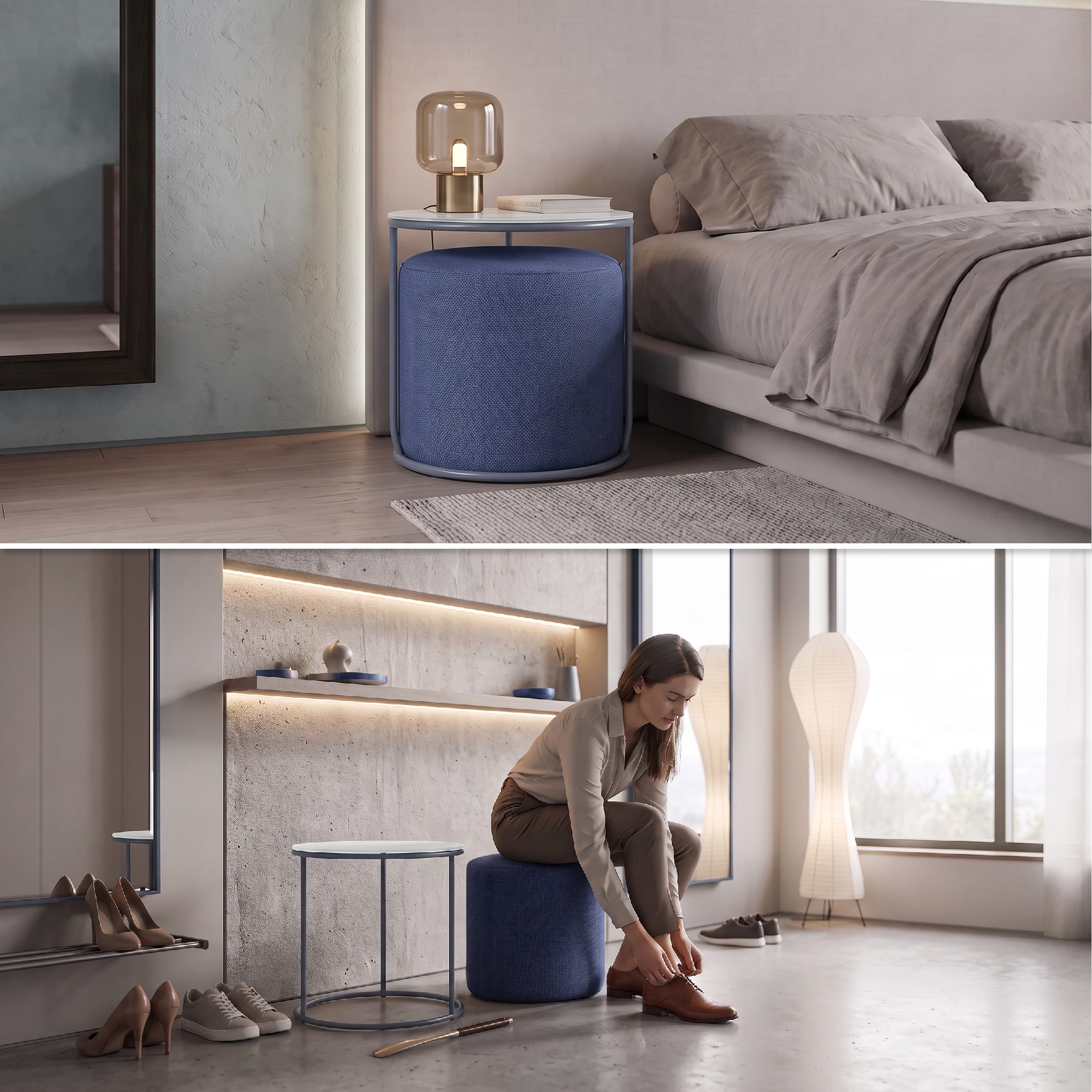 Side Table with Stool JASPER - Round Coffee Table 40x40 cm Gray-Navy N4