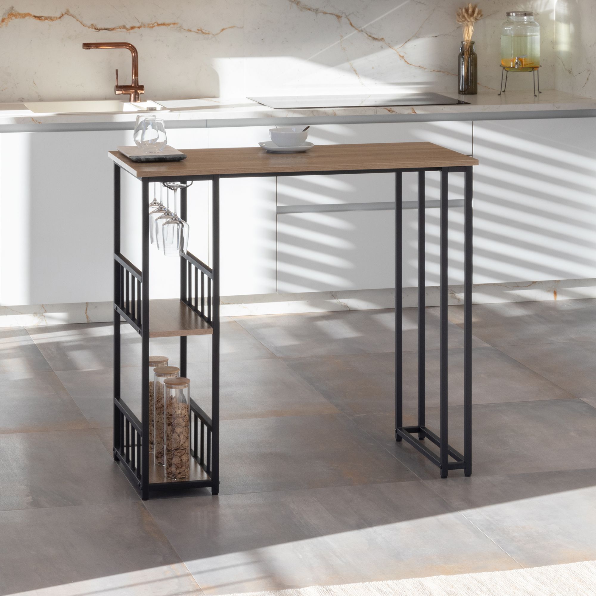 i-flair Stehtisch Bartisch Gavin – Stehtisch mit Stahlrahmen und 2 Ablageflächen & Glashalter Eiche i-flair Stehtisch Bartisch Gavin – Stehtisch mit Stahlrahmen und 2 Ablageflächen & Glashalter Eiche