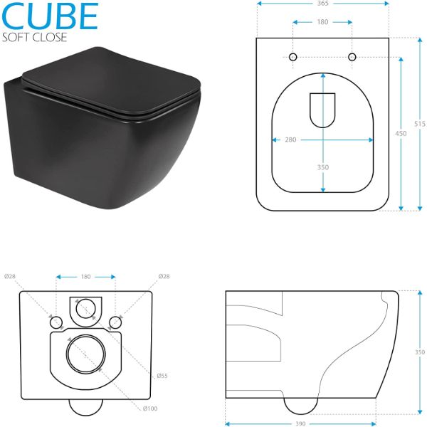 Toilette Hänge WC Spülrandlos inkl. WC Sitz mit Absenkautomatik SOFTCLOSE + abnehmbar Cube Schwarz MATT Toilette Hänge WC Spülrandlos inkl. WC Sitz mit Absenkautomatik SOFTCLOSE + abnehmbar Cube Schwarz MATT