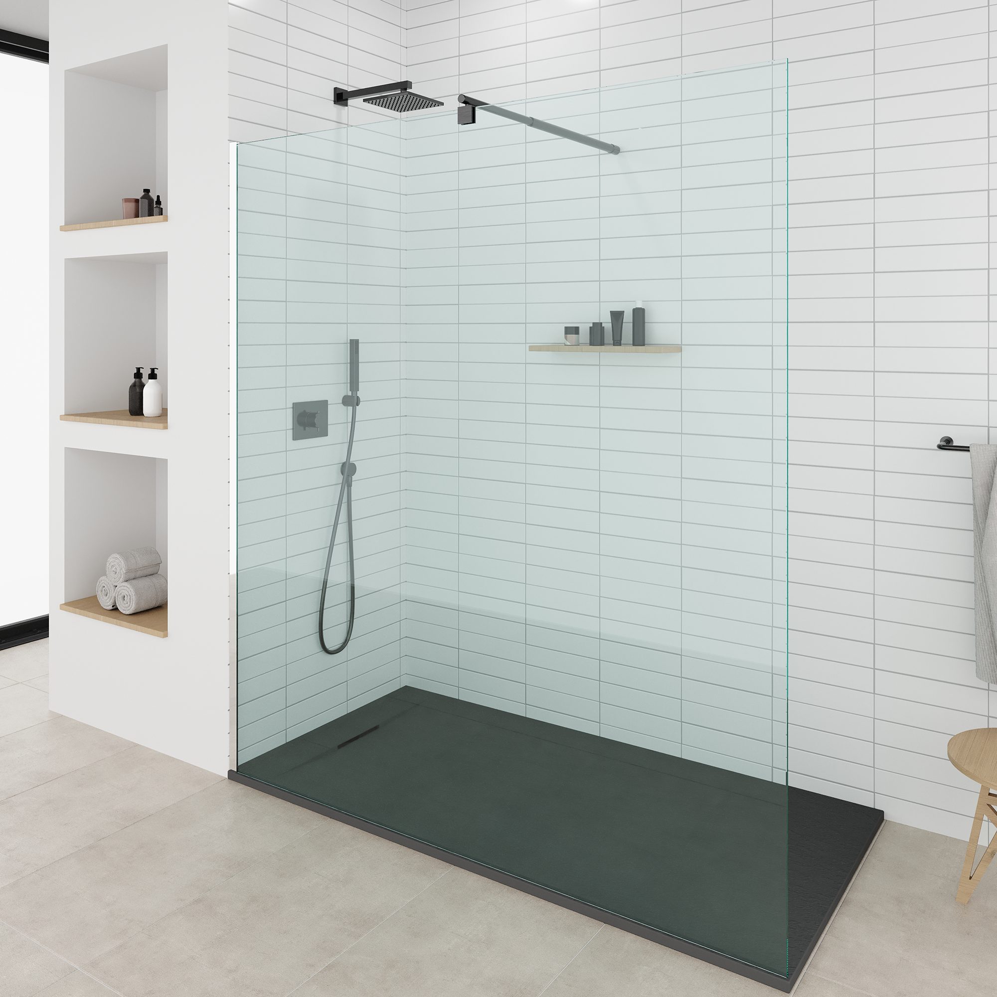 SMC Shower Tray Polar in Stone Look with Drain Assembly - Black