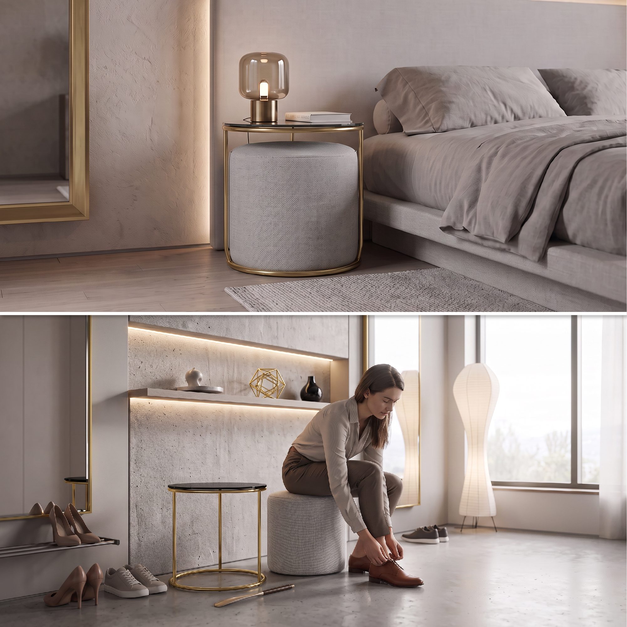 Side Table with Stool JASPER Round Coffee Table 40x40 cm Gold-Grey N8