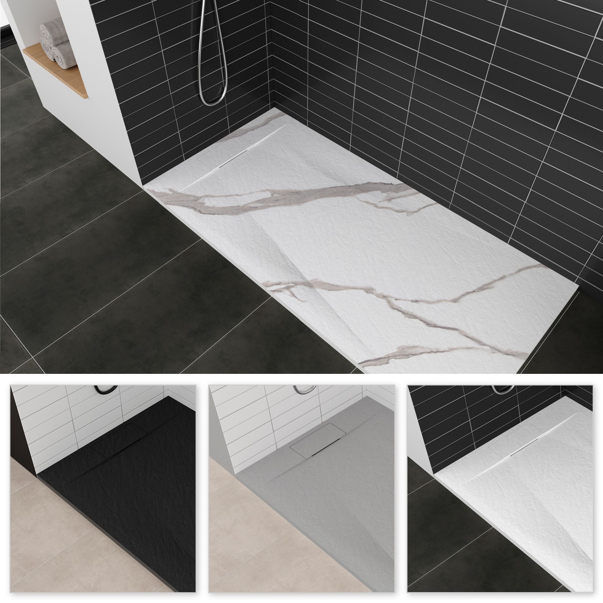 SMC Shower Tray Polar in Marble Look with Drain Assembly - White