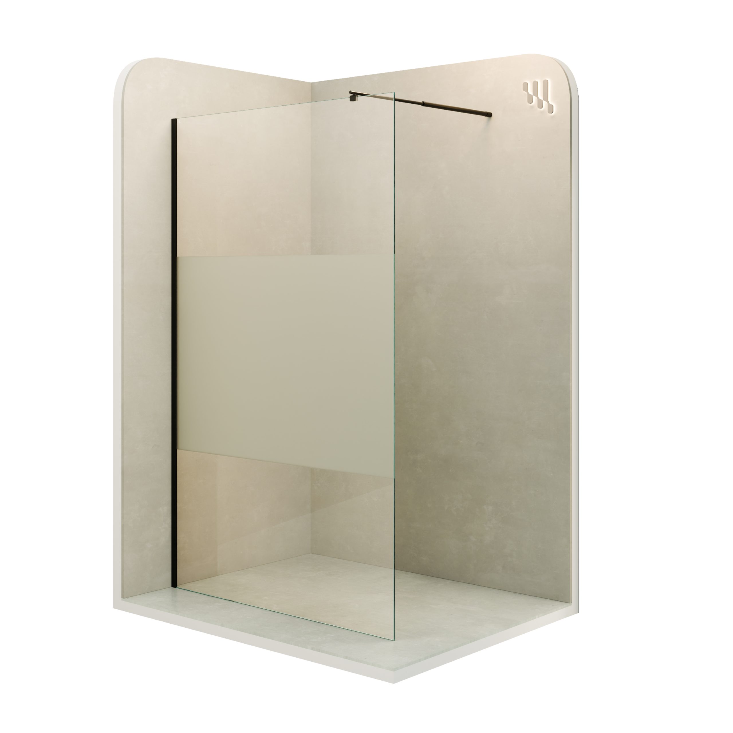 Walk-In Shower Fiona made of 10 mm thick partially frosted ESG safety glass and black aluminum profile. Walk-In Shower Fiona made of 10 mm thick partially frosted ESG safety glass and black aluminum profile.