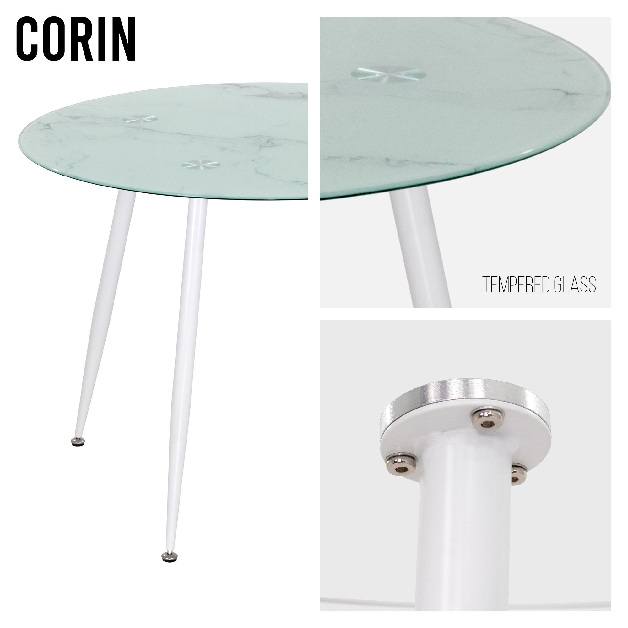 Esszimmer-Tisch CORIN | Tischplatte: Glas in weißer Marmor Optik | Beine: Weiß 80 cm