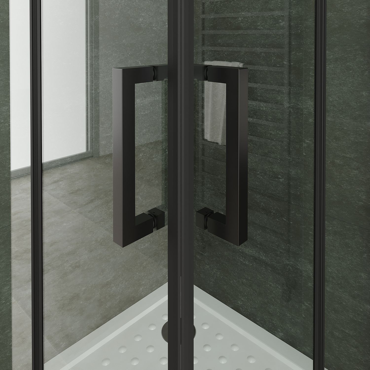 Eckeinstieg Belle mit Falttüren und schwarzen Profilen aus ESG Sicherheitsglas Eckeinstieg Belle mit Falttüren und schwarzen Profilen aus ESG Sicherheitsglas