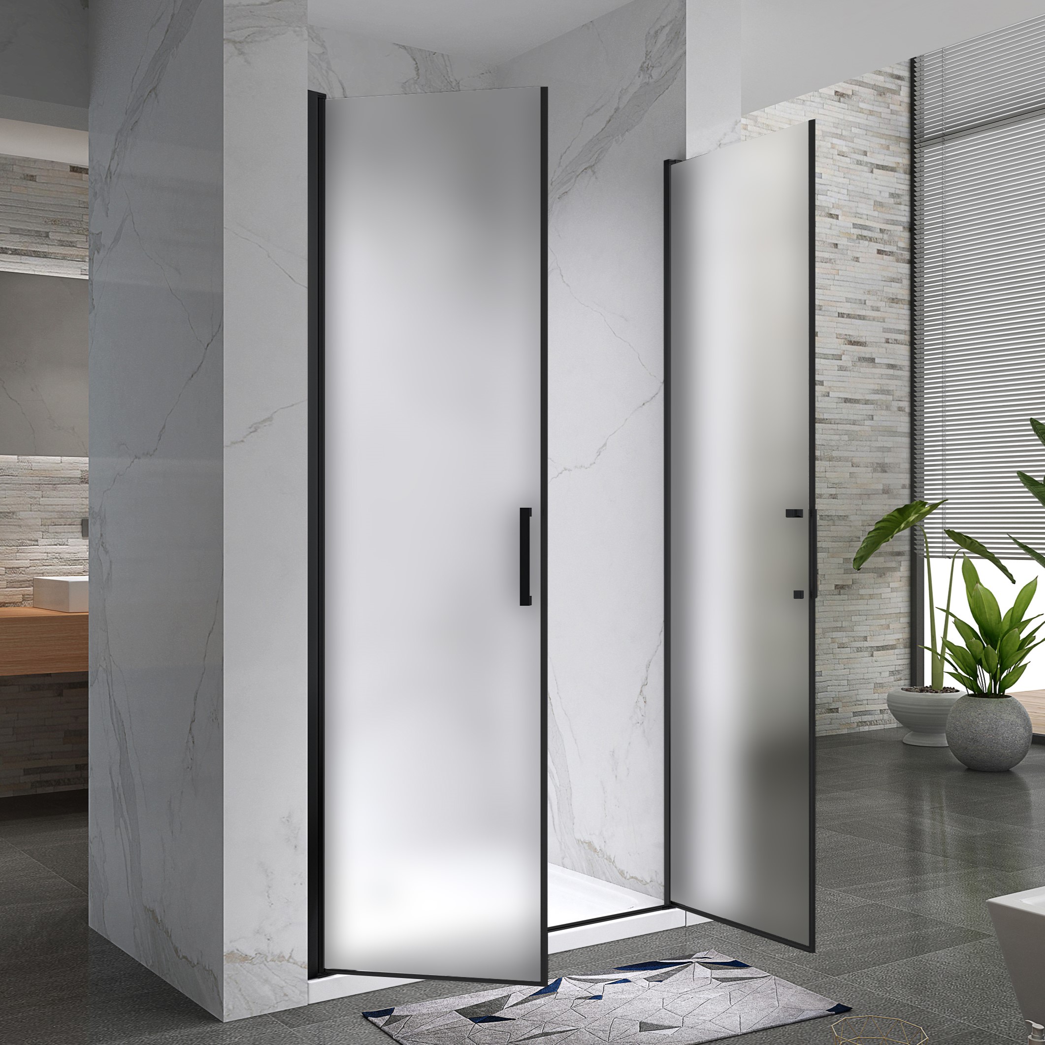 Duschtür Lara BLACK mit Pendeltüren und Edelstahlgriffe 68-140 cm aus satiniertem ESG Sicherheitsglas Lara – Shower Door BLACK with Hinged Doors and Stainless Steel Handles, 68-104 cm, made of Satin-Finished ESG Safety Glass