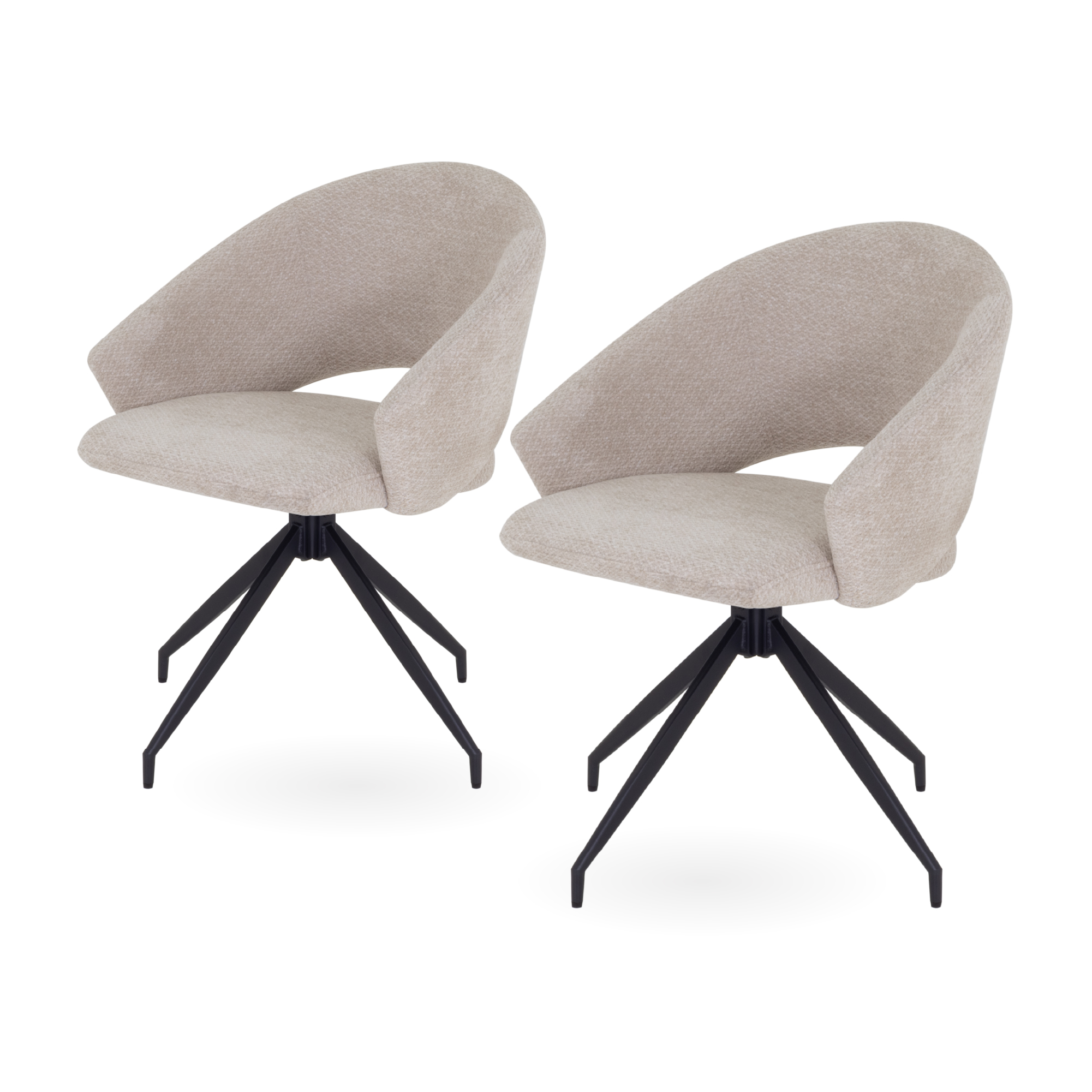 JANE – 2er-Set gepolsterte Esszimmerstühle mit 360° Drehfunktion, beigem Stoffbezug und schwarzem Metallgestell JANE – 2er-Set gepolsterte Esszimmerstühle mit 360° Drehfunktion, beigem Stoffbezug und schwarzem Metallgestell