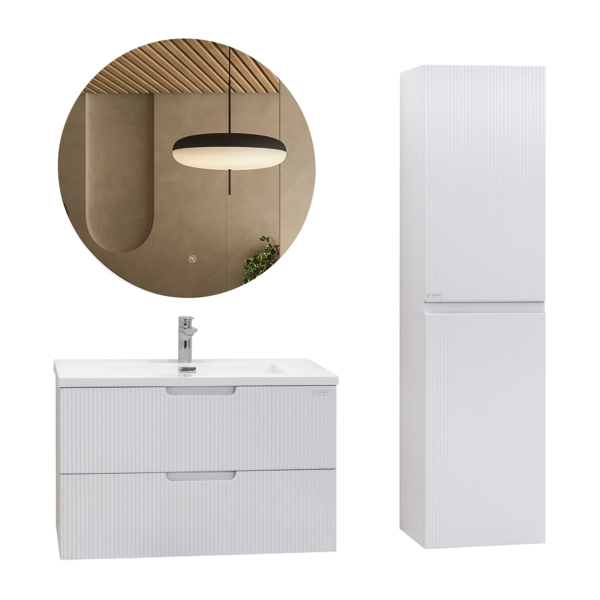 Badmöbelset Tália Modular – Weißer Resin-Waschtisch, Wandhängender Schrank, Rundspiegel & Seitenmodul (60/80/100 cm) Modular – Badmöbelset Tália – Weißer Resin-Waschtisch, Wandhängender Schrank in Weiß, Rundspiegel & Seitenmodul (60/80/100 cm)