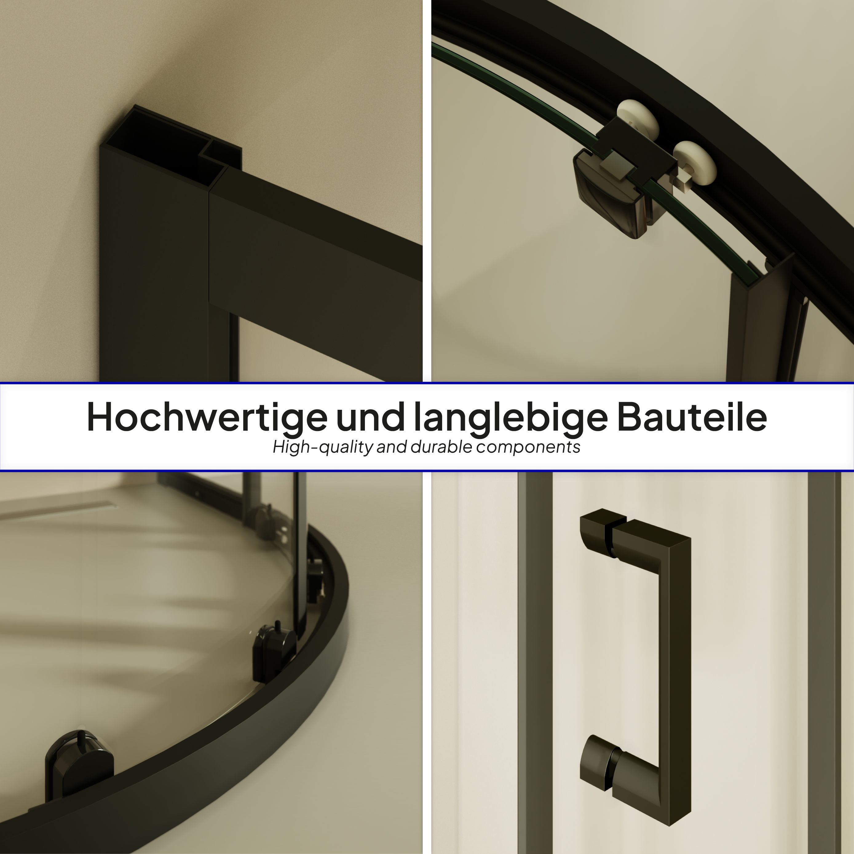 Quarter Circle Shower Ella with Sliding Doors made of Striped ESG Glass and Black Aluminum Profiles Ella – Viertelkreisdusche mit Schiebetüren aus gestreiftem ESG Glas mit schwarzen Aluminium Profile