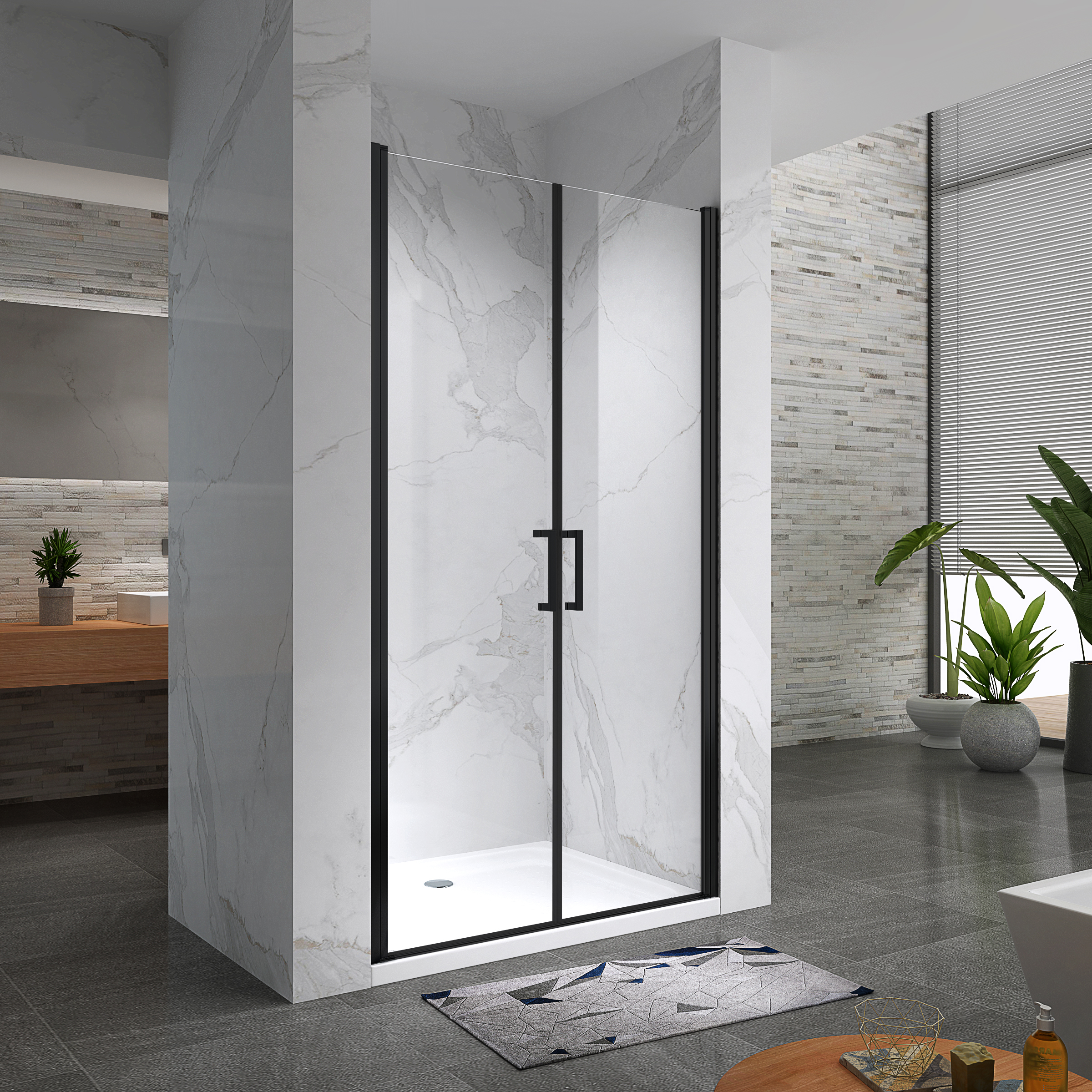 Duschtür Lara BLACK mit Pendeltüren und Edelstahlgriffe 68-140 cm aus ESG Sicherheitsglas Lara – Shower Door BLACK with Hinged Doors and Stainless Steel Handles, 68-104 cm, made of ESG Safety Glass