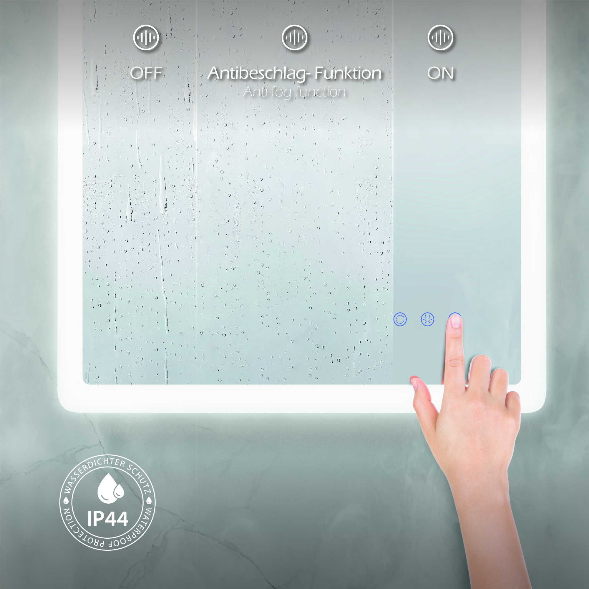 LED Badspiegel Mellow Badezimmerspiegel mit dimmbarer Beleuchtung, Farbwechsel und Antibeschlag-Funktion IP44 IP44 – LED Badspiegel Mellow Badezimmerspiegel mit dimmbarer Beleuchtung, Farbwechsel und Antibeschlag-Funktion