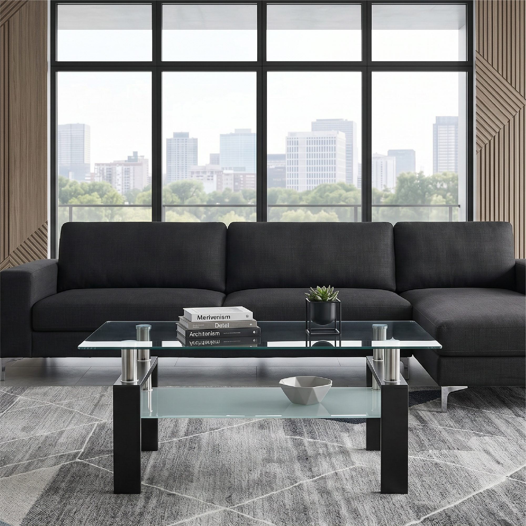 Coffee Table PORTER in Glass/Metal with Black Wood