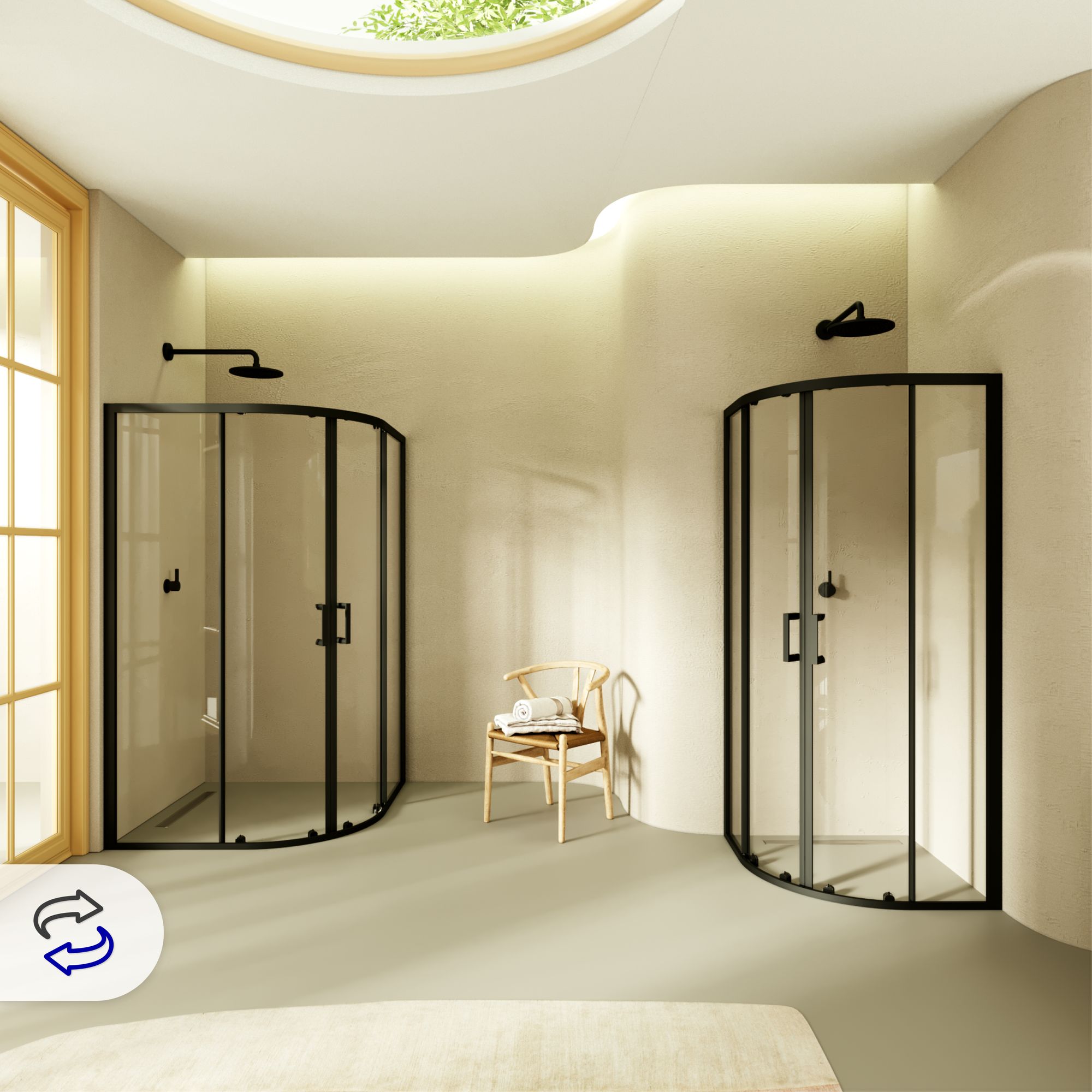 Viertelkreisdusche Ella mit Schiebetüren und schwarzen Profilen aus ESG Sicherheitsglas Viertelkreisdusche Ella mit Schiebetüren und schwarzen Profilen aus ESG Sicherheitsglas