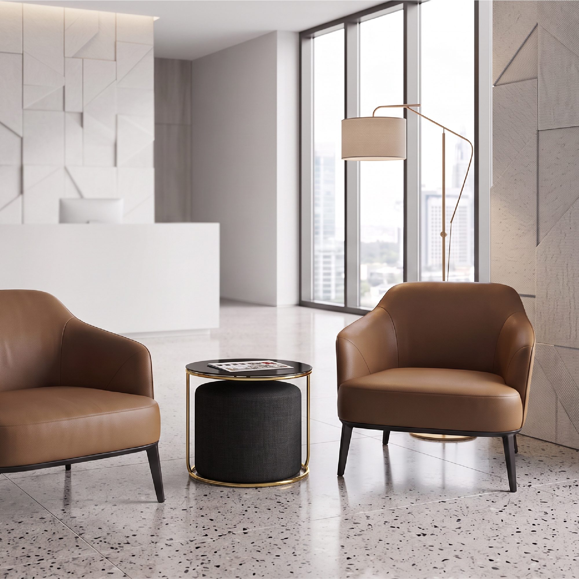 Side Table with Stool JASPER - Round Coffee Table 40x40 cm Gold-Black N3
