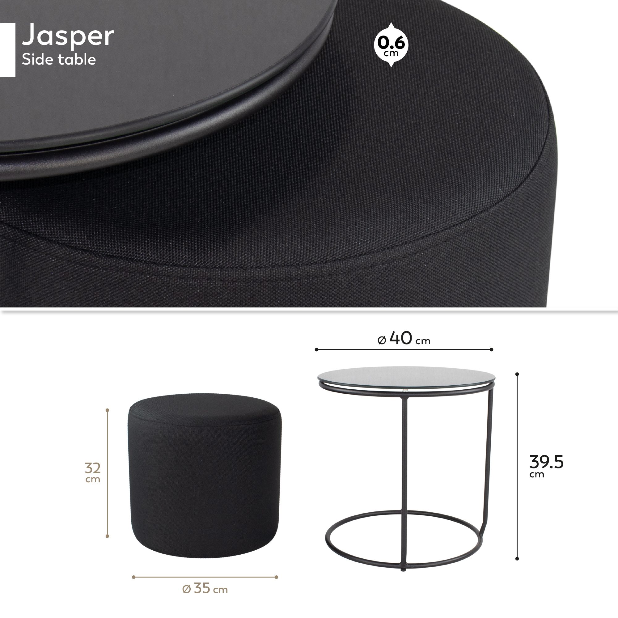 Side Table with Stool JASPER Round Coffee Table 40x40 cm Black-Black N2