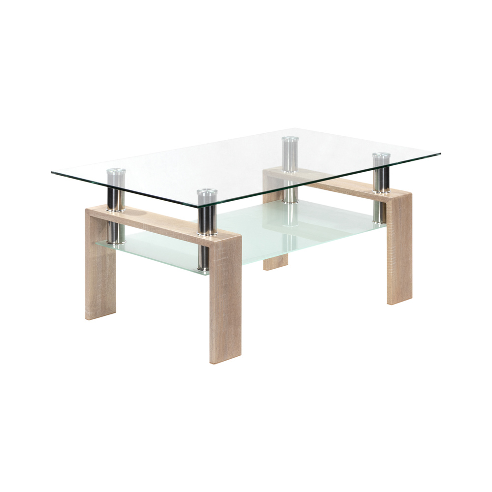 Couchtisch PORTER aus Glas/Metall mit Holz in Eichfarbe PORTER – Coffee Table made of Glass/Metal with Oak-Colored Wood