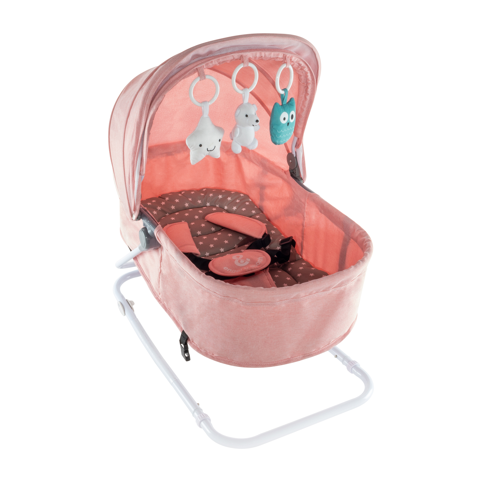 Babywippe PAVO mit Wiegenfunktion und Spielebogen Rosa + Grau weiße Sterne