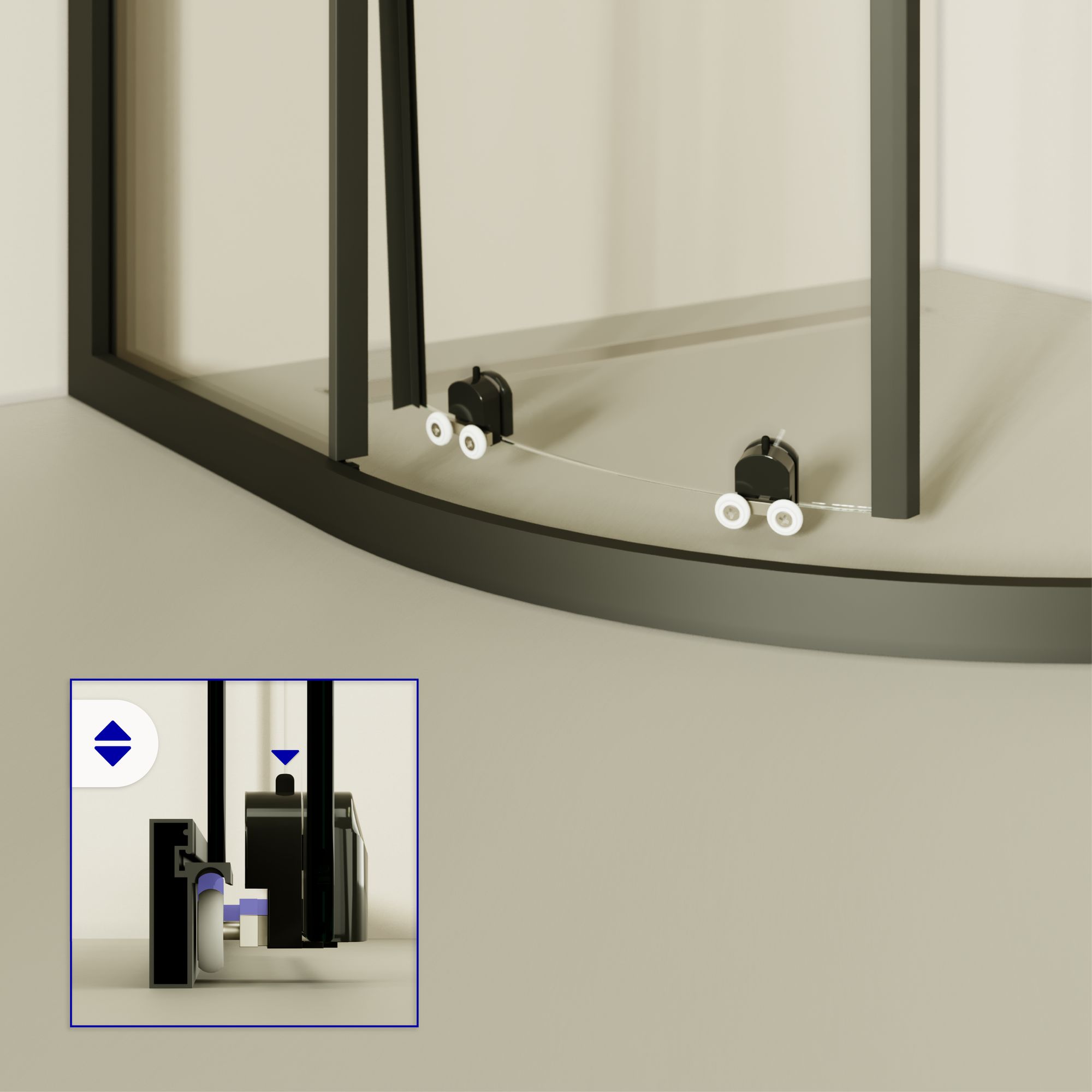 Viertelkreisdusche Ella mit Schiebetüren und schwarzen Profilen aus ESG Sicherheitsglas Viertelkreisdusche Ella mit Schiebetüren und schwarzen Profilen aus ESG Sicherheitsglas