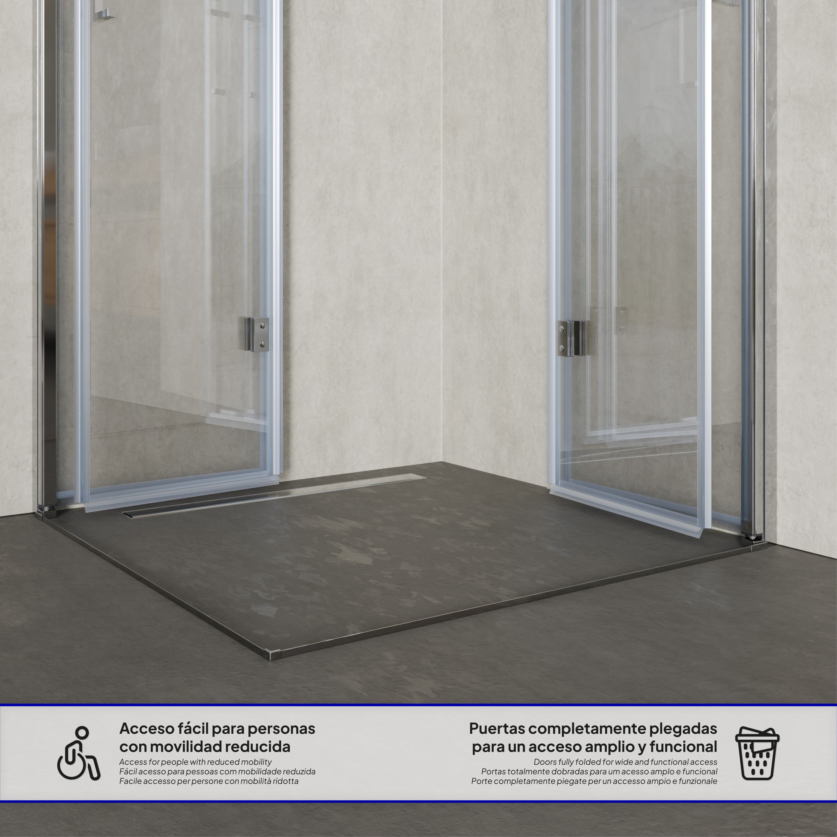 Corner entry Belle with folding doors made of 6mm tempered safety glass Belle – Eckeinstieg mit Falttüren aus 6mm ESG Sicherheitsglas