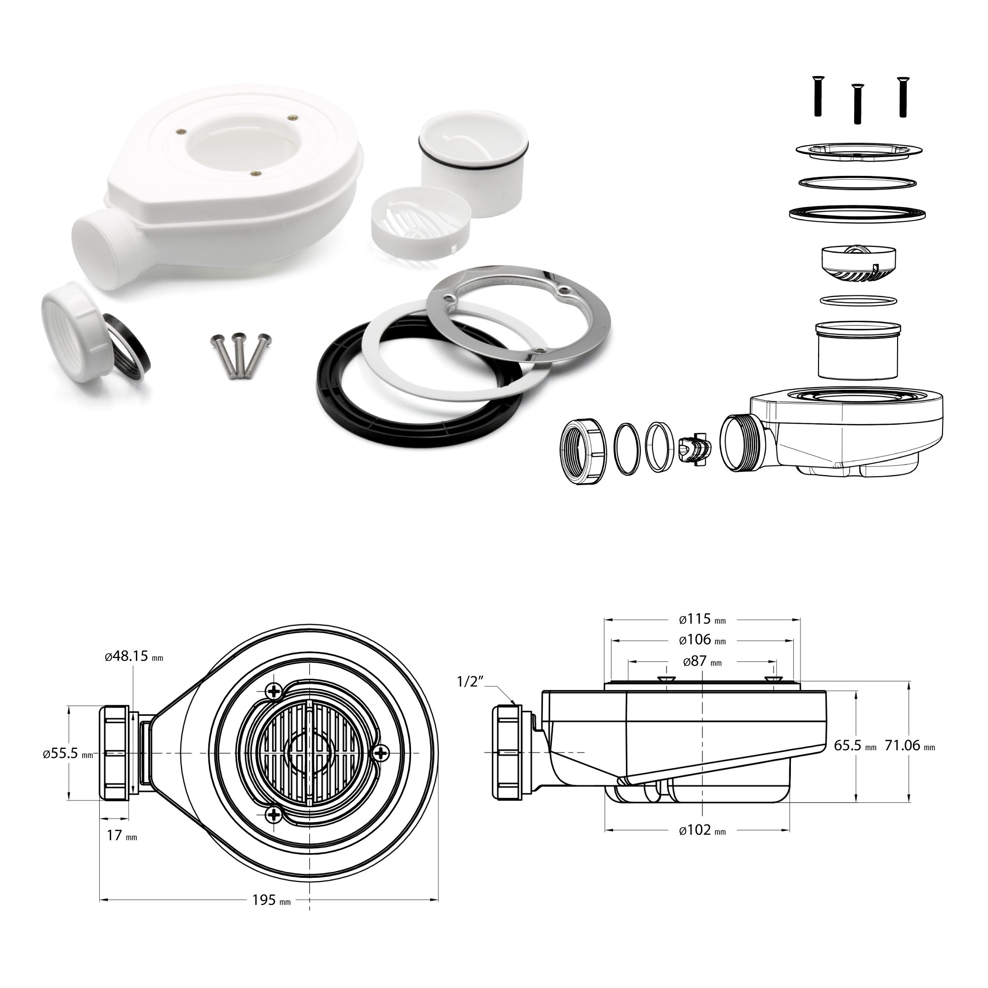 SMC Shower Tray Boreal in Stone Look with Drain Assembly - Grey