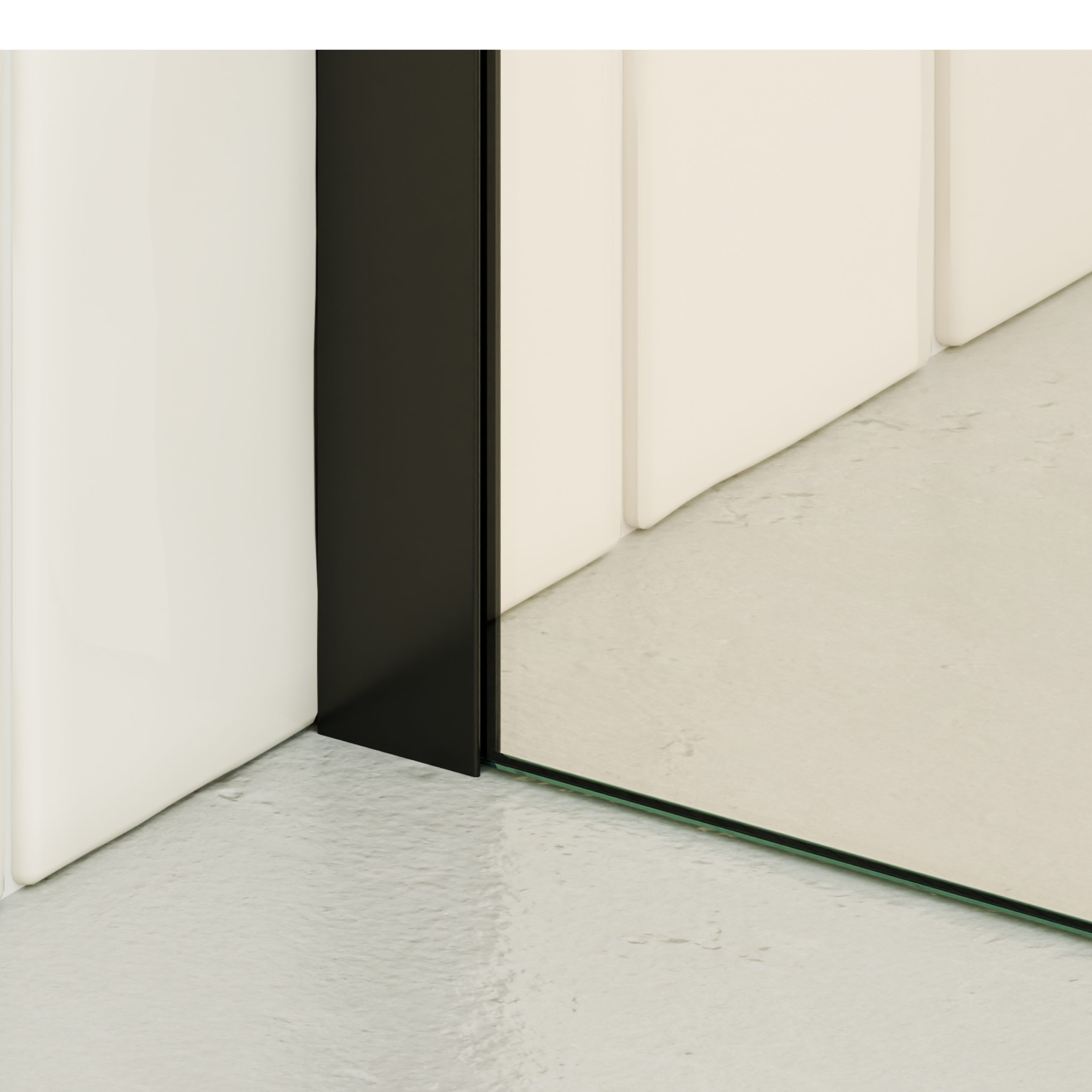 Walk-In Shower Fiona made of 10 mm thick partially frosted ESG safety glass and black aluminum profile. Walk-In Shower Fiona made of 10 mm thick partially frosted ESG safety glass and black aluminum profile.