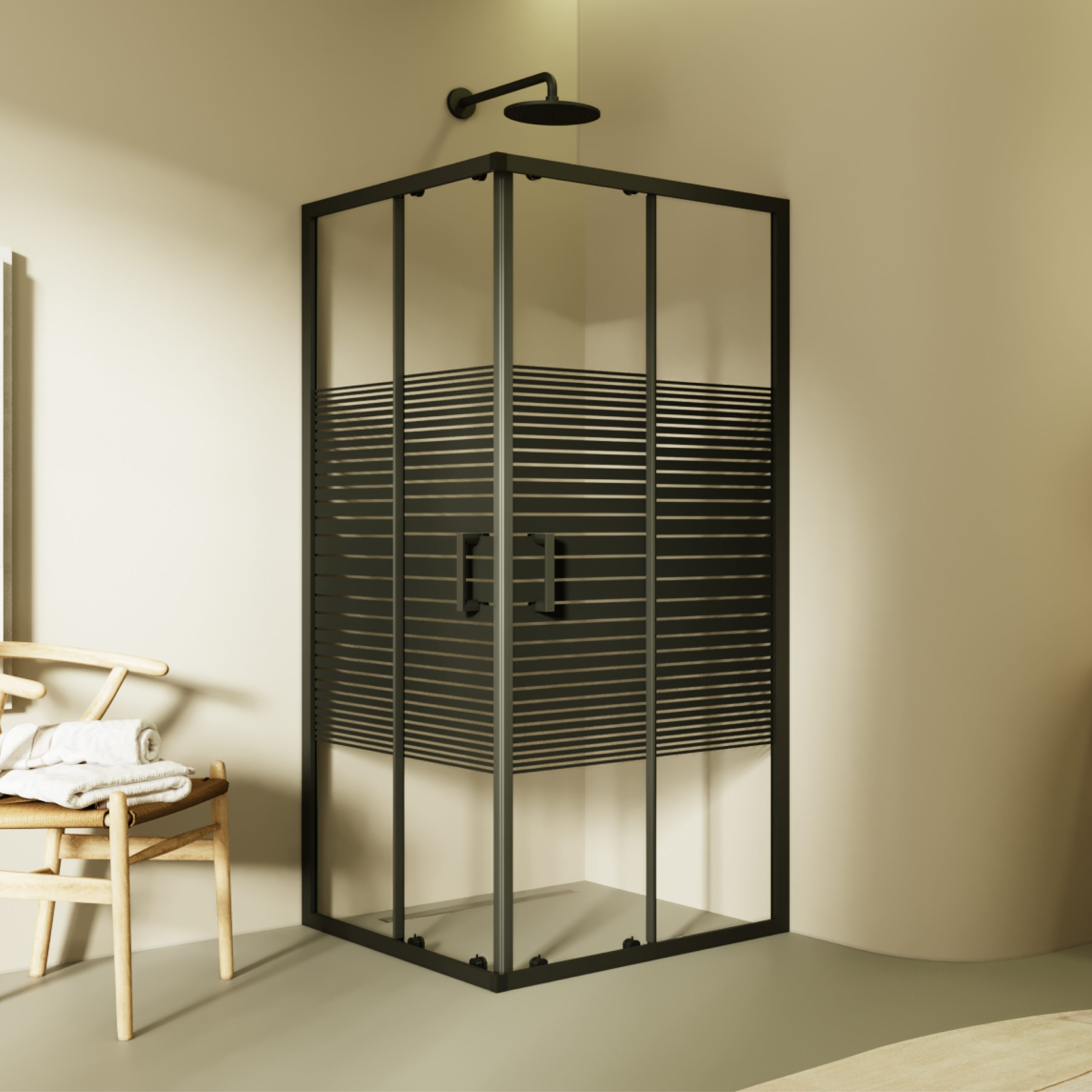 Corner entry Danielle with sliding doors made of black striped ESG safety glass.