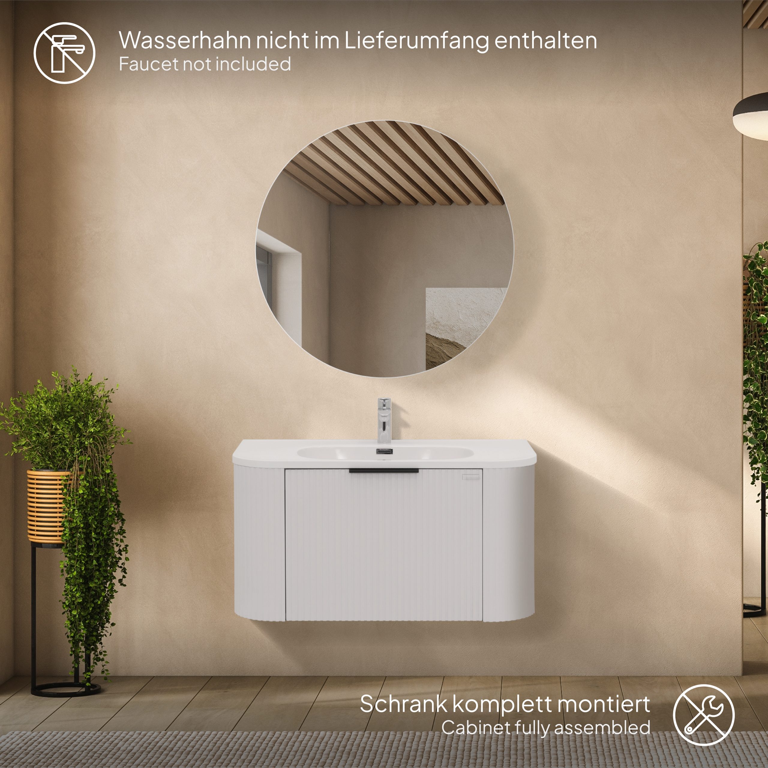 Badmöbel-Set Maia Plus White, wandhängend, mit lamellenförmigem Dekor, Mineralguss-Waschtisch und LED-Spiegel mit Antibeschlag Badmöbel-Set Maia Plus White, wandhängend, mit lamellenförmigem Dekor, Mineralguss-Waschtisch und LED-Spiegel mit Antibeschlag