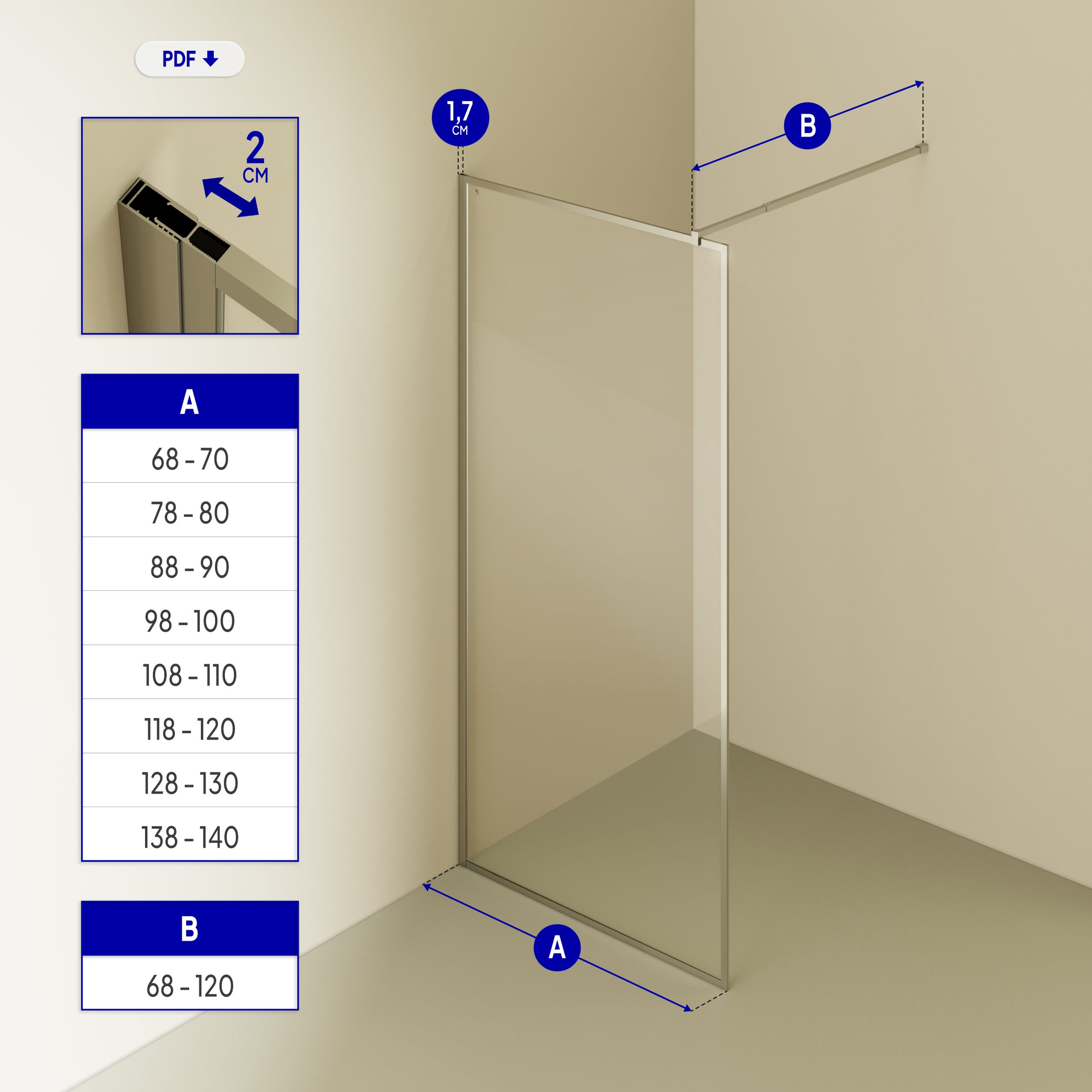 Walk-In Shower Gianna made of 8 mm thick transparent ESG safety glass. Gianna – Walk In Dusche aus 8 mm starkem durchsichtigem ESG Sicherheitsglas