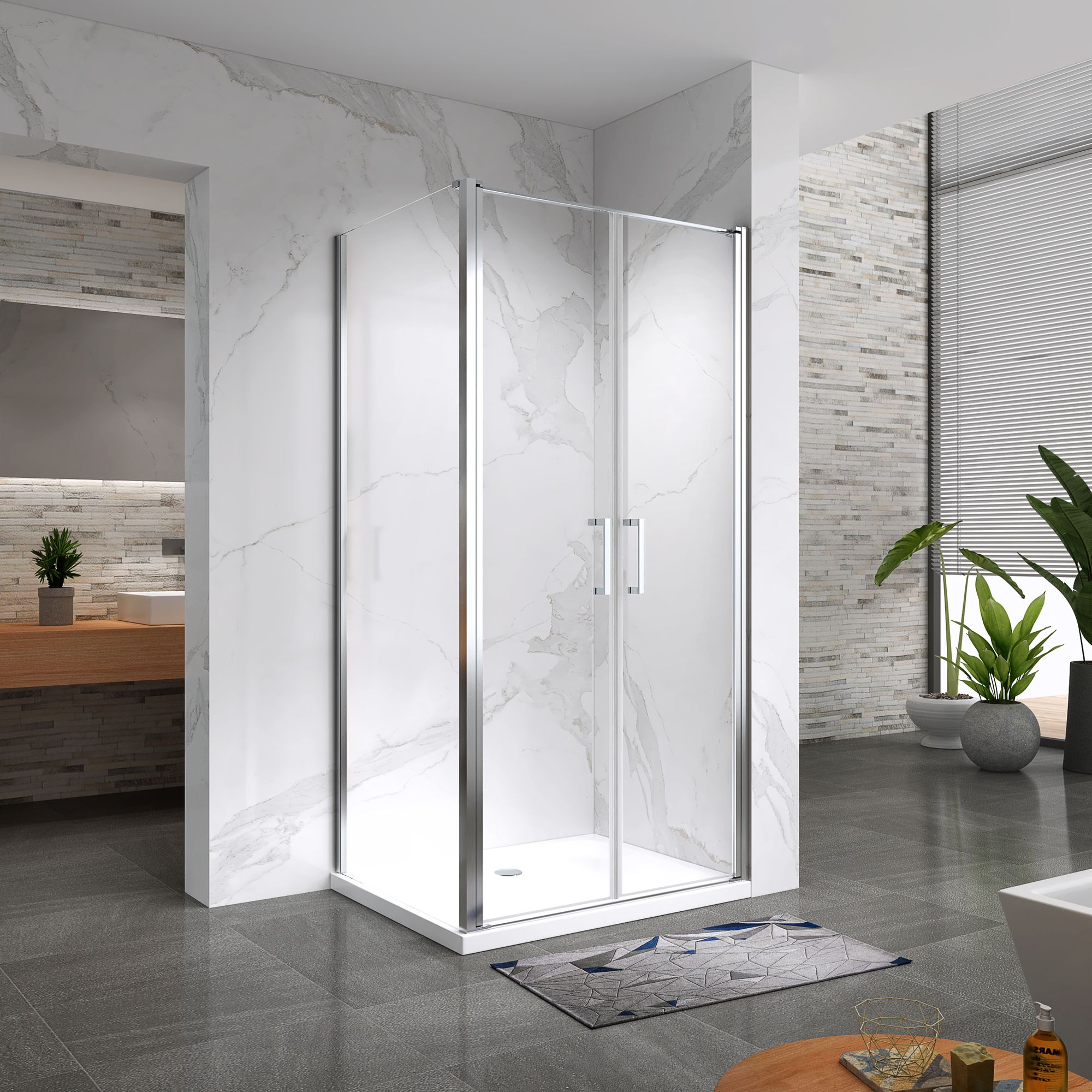Shower Door Lara with Hinged Doors and Stainless Steel Handles, 68-104 cm, made of ESG Safety Glass Lara – Fronteinstieg mit Pendeltüren und Edelstahlgriffe aus ESG Sicherheitsglas
