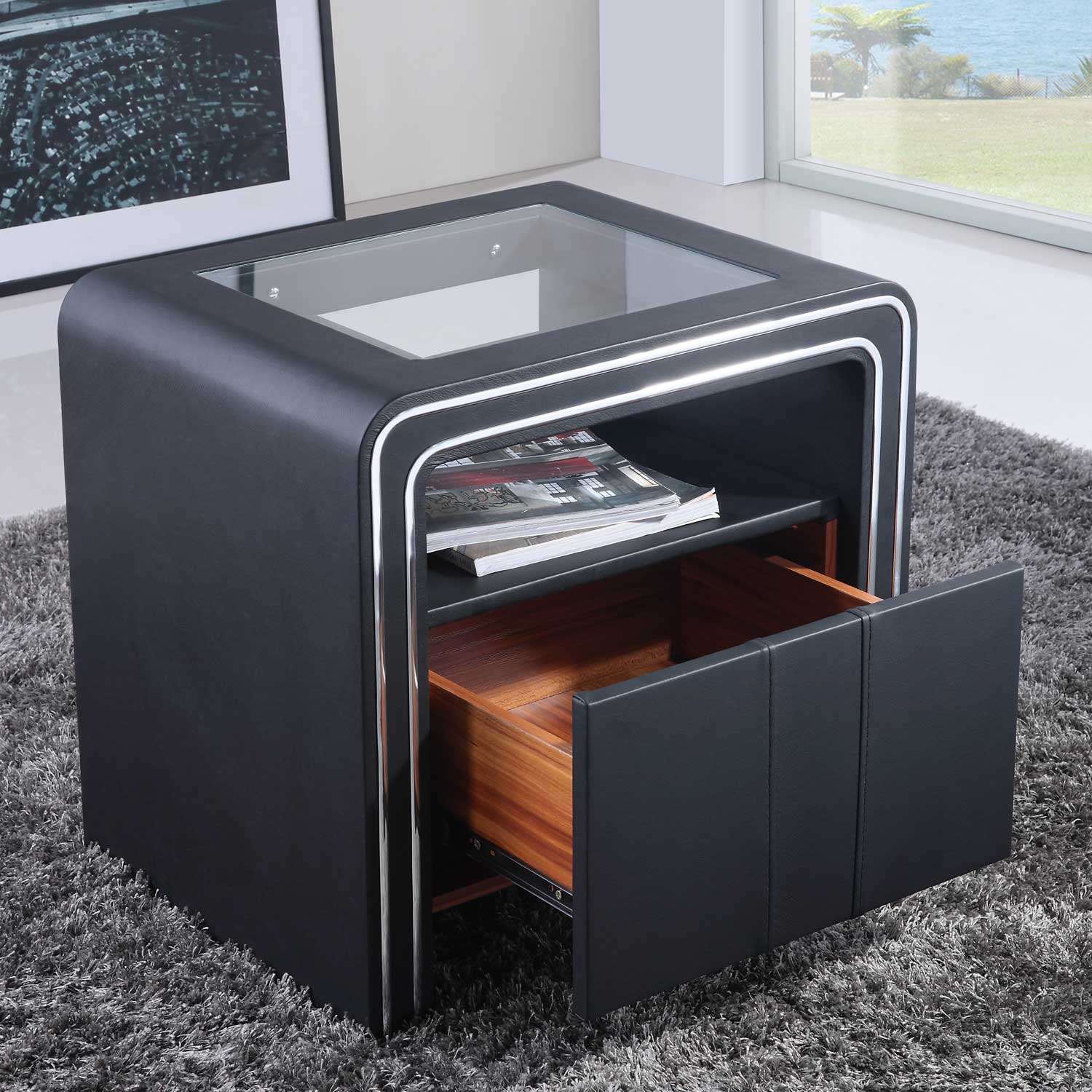 Nachttisch Kommode Nachtkonsole Schwarz aus hochwertigem Kunstleder - S85 Leather – Nightstand Console Table Black Made of High-Quality Synthetic - S85