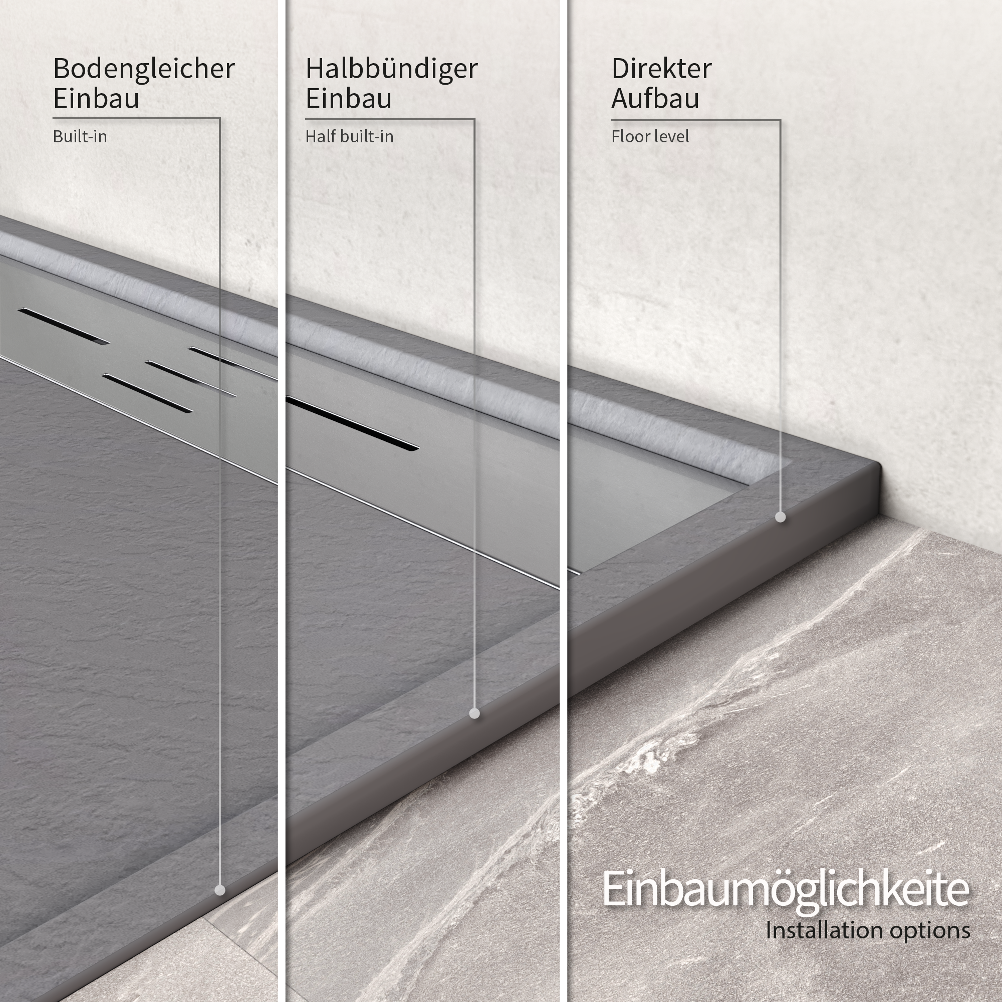 SMC Duschwanne Hiemal in Schieferoptik inkl. Ablaufgarnitur Grau mit Edelstahldeckel