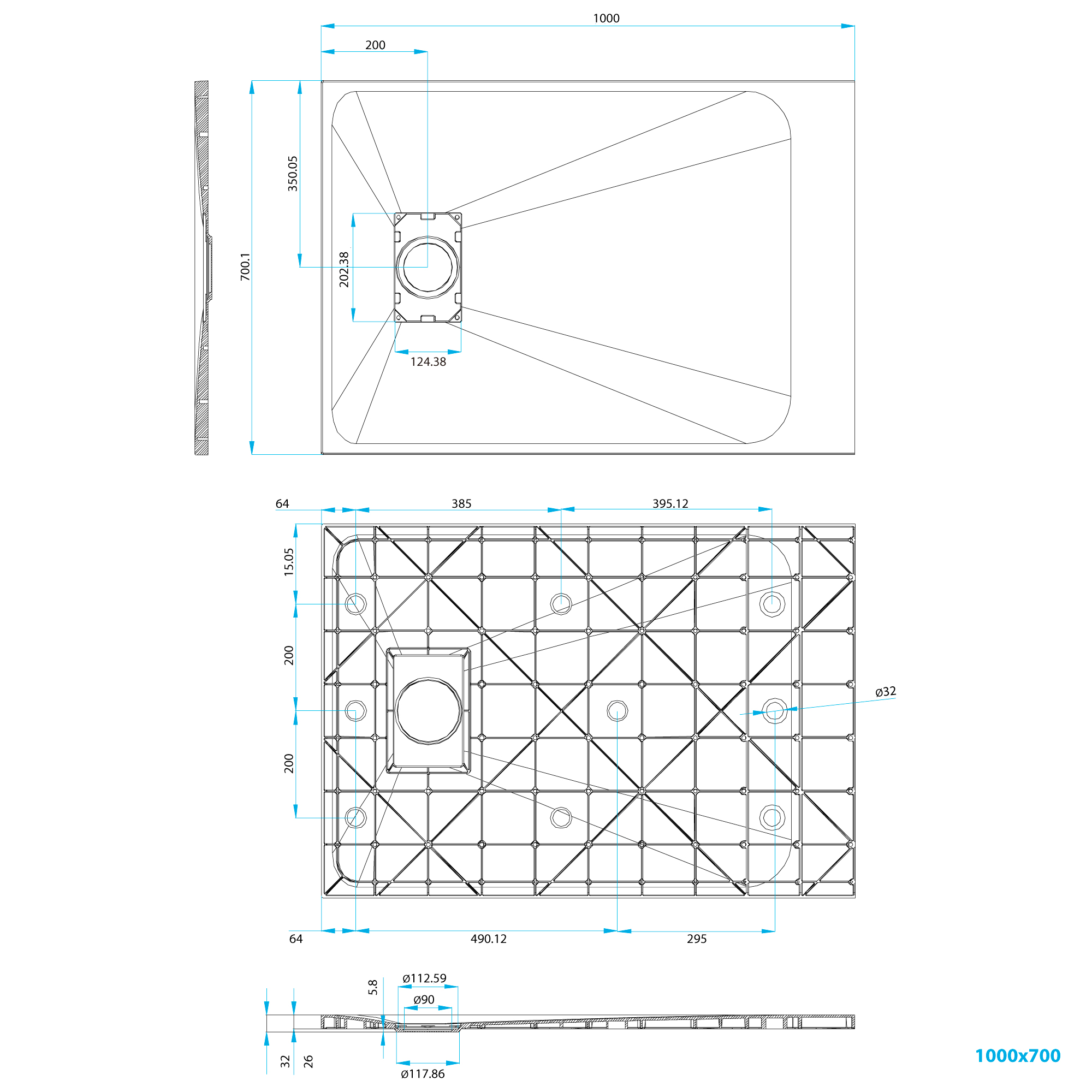 SMC Duschwanne Boreal in Stein-Optik inkl. Ablaufgarnitur - Schwarz 70x100 cm